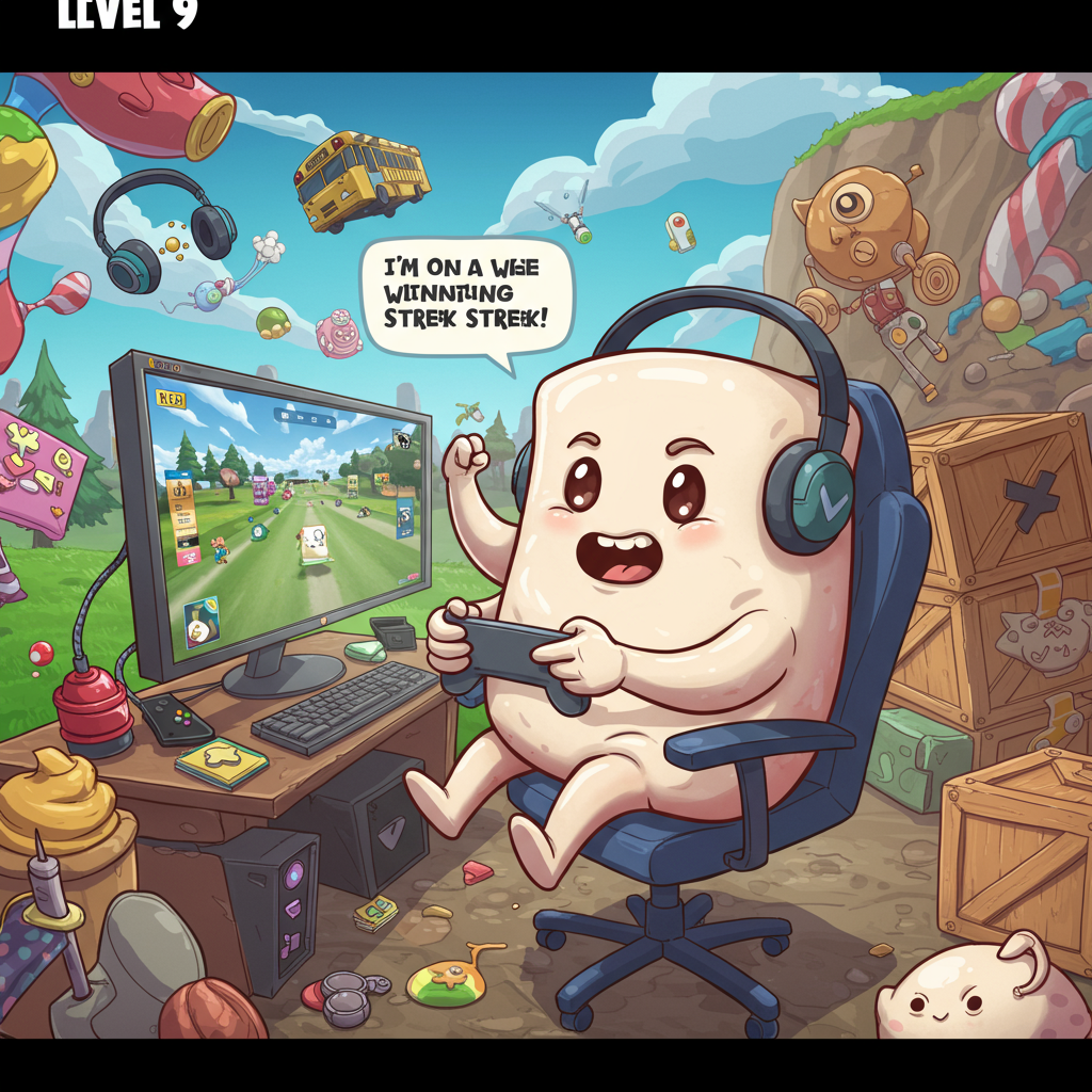 At the top of the Cartoon Style image, include the text "Level 9".

**Image Prompt:**

Create a vibrant and playful cartoon scene set in a Fortnite-inspired world. Imagine a quirky gaming setup where a larger-than-life, animated marshmallow character is energetically playing a video game. The marshmallow is seated in a comically oversized gaming chair, its gooey body squished and stretched around the controls of a colorful console. Surrounding the marshmallow are a jumble of gaming paraphernalia like floating controllers, headphones, and a bright monitor displaying an intense Fortnite match.

The background is a fantastical landscape, filled with exaggerated and whimsical elements like giant gaming dice, hovering loot crates, and colorful battle buses zipping across a candy-colored sky. The scene is bursting with energy and fun, with bright saturated colors and thick outlines to emphasize the cartoonish style.

For a cheeky touch, add a small speech bubble coming from the marshmallow that says, "I'm on a sweet winning streak!"
Generated with these themes: Fortnite, gaming, marshmallows, and .
Made with ❤️ by AI.