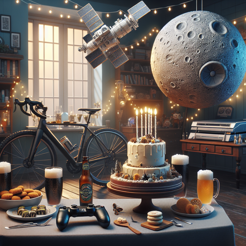 Picture a cozy living room set up for a birthday scene with decorations that portray a charming, realistic atmosphere. A sleek bicycle leans against the wall, embellished with twinkling fairy lights, and a PlayStation gaming console is placed on a neighboring table, with a controller designed to look like a mini birthday cake. Guests are tapping frosty pint glasses filled with the stout beer, while a unique version of chocolate milk served in elegant champagne glasses adds a playful touch. A buffet is present which features an assortment of fine fishcakes and a birthday cake shaped and designed like the moon, including crater detailing. Hovering above, a replica of the International Space Station hangs from the ceiling, adding to the illusion of orbiting the lunar-like cake. The mood of the room exudes resilience and happiness, mirroring the robust personality of the individual celebrating their birthday.
Generated with these themes: Cycling, Playstation, Guinness, Chocolate milk, Fishcakes, Moon, International space station, and Strong.
Made with ❤️ by AI.