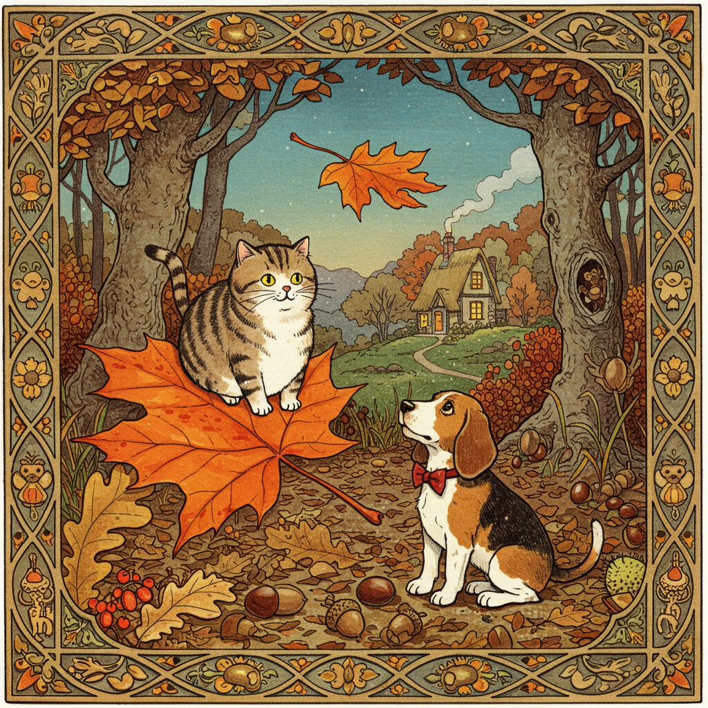 Front and center, a delightful scene unfolds: a chubby, mischievous tabby cat and a dapper, floppy-eared beagle are enjoying a whimsical autumn day together. The cat is perched atop a large, pumpkin-orange maple leaf, which is elegantly caught in mid-air, as if a gentle breeze has lifted it just for this moment. The beagle, wearing a vintage-style red bow tie, has its head tilted upwards, eyes wide with curiosity, as it playfully attempts to catch the descending leaf.

The background is a richly detailed forest scene, inspired by Arthur Rackham's intricate line work. Tall, gnarled trees with twisted branches are shedding leaves in hues of burnt sienna, goldenrod, and deep russet. Each leaf is meticulously illustrated, showcasing veins and textures that echo the fine detail of Aubrey Beardsley's designs. The forest floor is a tapestry of fallen leaves, acorns, and scattered chestnuts, inviting the viewer to explore the small, hidden details reminiscent of Maurice Sendak's world.

In the distance, a cozy, thatched cottage peeks through the foliage, with smoke curling gently from its chimney, suggesting a warm hearth within. This cottage, with its charming crookedness, is rendered in the soft, dreamlike palette of Maxfield Parrish, with warm golden lights glowing from its windows against the cool, muted colors of the approaching twilight sky.

Overhead, the sky is a rich, deepening azure, speckled with wispy cirrus clouds, painted in the delicate hand of Gustave Doré. As a nod to Beatrix Potter's endearing storytelling, a small, curious squirrel can be seen peeking out from behind a tree trunk, its bushy tail wrapped around a collection of acorns it seems to have gathered for the upcoming winter.

The border of the card features a frame of delicate vines and small woodland creatures, a playful homage to Quentin Blake's loose, lively line work. The title "You're Purrfect for Me!" is artfully lettered across the top in an elegant script, evoking the timeless charm of Edward Gorey's gothic elegance, but with a light-hearted twist suitable for this whimsical Valentine’s Day scene.
Generated with these themes: Cat and dog in autumn.
Made with ❤️ by AI.