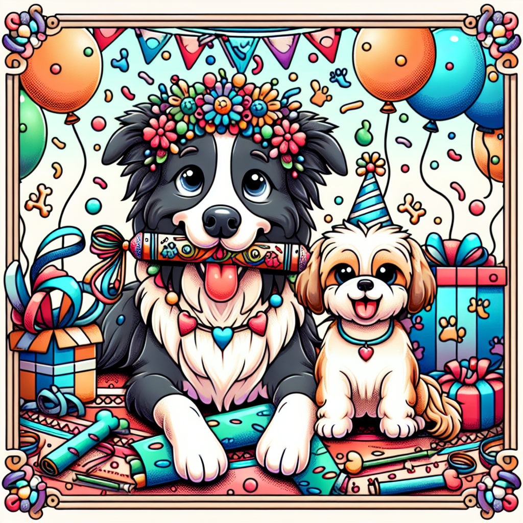 Generate a playful, colorful cartoon-style image that captures a jovial atmosphere, displaying a merry Border Collie with a birthday banner gripped in its mouth and a joyful Shih Tzu seated nearby. They are enveloped by festive elements such as balloons and confetti, creating a heartwarming representation of a dog's birthday party. The entire scene is bordered intricately with small dog bones and paw prints, further fortifying its charming allure and lighthearted nature.
Generated with these themes: Border collie , and Shih Tzu .
Made with ❤️ by AI.