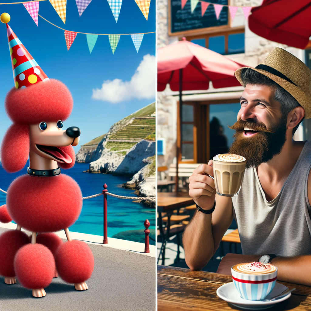 Create an image where the main scene is a joyful birthday celebration by the sea. Position a stylized, animated red poodle, which is wearing a party hat, in the background. In the foreground, depict a cheerful, bearded man who is donning a cap and savoring a latte at a café. The café should be decorated with multicolored bunting while maintaining a close view of the charming seaside vista. The scenery of the seaside should evoke the quaint and peaceful atmosphere of a small coastal town.
Generated with these themes: Red poodle , Tenby, Man with beard and cap , Latte, and Seaside .
Made with ❤️ by AI.