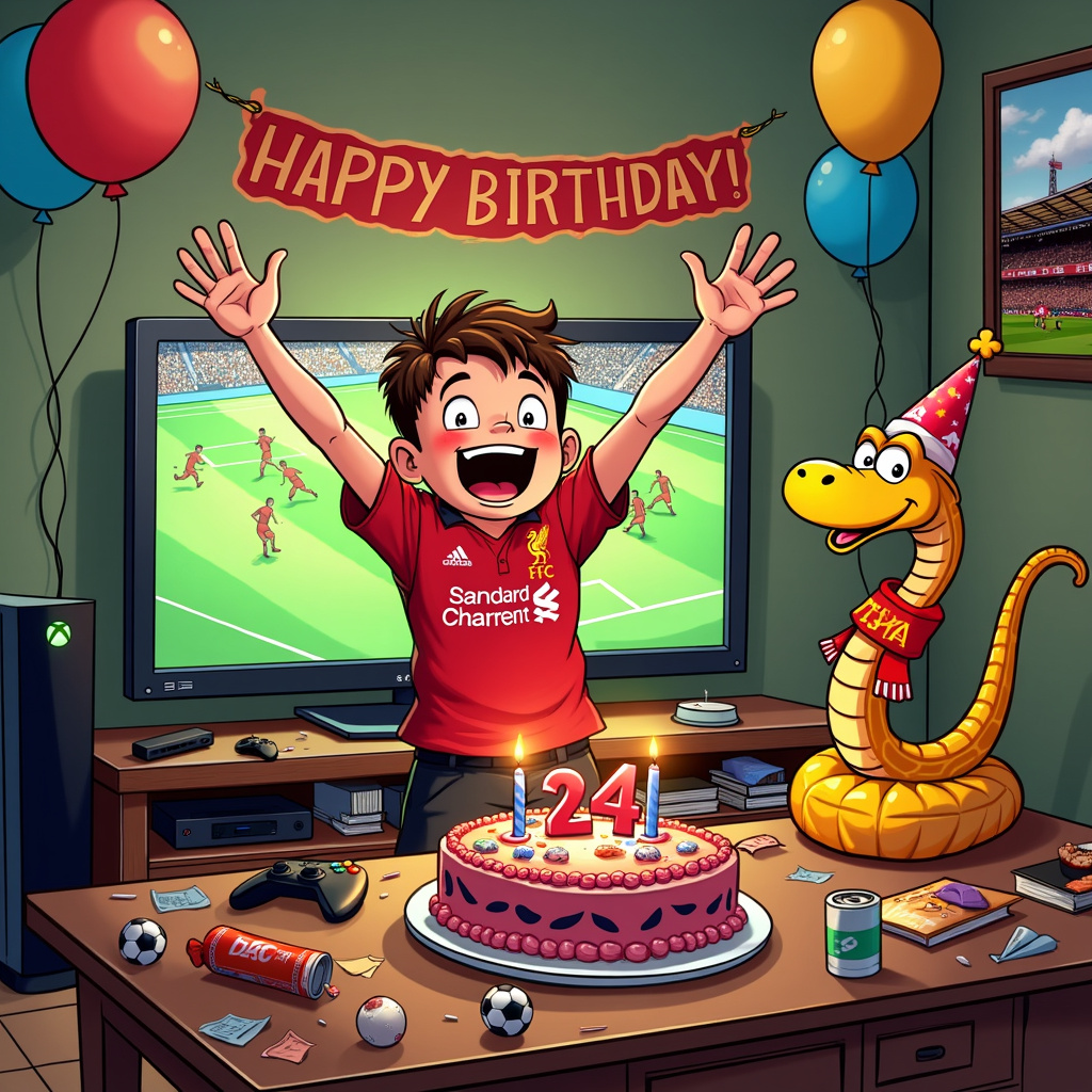 Picture a vibrant, colorful birthday scene set in a bustling living room. The focal point is a dynamic cartoon character, clearly a passionate Liverpool FC fan, wearing a bright red Liverpool jersey with the iconic crest boldly displayed. This character is mid-celebration, throwing their arms up in the air, an excited grin stretching across their face. In their hands, they triumphantly hold a brand new copy of FIFA 24 for Xbox.

Behind them, a large flat-screen TV is prominently displaying the FIFA 24 game menu, with the familiar greens of a virtual soccer pitch and the energetic avatars of Liverpool FC players ready for action. To the left, an Xbox console sits on a sleek entertainment unit, with its distinct green power light glowing.

To the right of our elated fan, a quirky and colorful cartoon snake, reminiscent of the classic arcade game, is coiled around a birthday cake. This cake is decorated with Liverpool FC colors, featuring a small soccer ball on top and the number “24” written in icing, subtly referencing both the game and the age of the birthday person. The snake, wearing a miniature Liverpool scarf, has a cheeky expression and is playfully wrapping its tail around a controller.

The background is filled with balloons and streamers, with a banner overhead that reads "Happy Birthday!" in bold, cheerful letters. On the coffee table in front of the TV, there are open snack bags, a few party hats, and a spilled soda can, indicating an ongoing, lively celebration.

In the corner, there’s a framed picture of Anfield Stadium, adding an extra touch of Liverpool pride to the room. The details of the scene are inspired by the intricate line work of Schulz, the dynamic expressions of Disney characters, and the playful, detailed backgrounds of Hergé’s Tintin.

This energetic and detailed scene captures the joyous chaos of a birthday celebration, weaving together the themes of Liverpool FC, FIFA 24, Xbox, and a playful nod to the classic Snake game.
Generated with these themes: Liverpool fc, FIFA 24, Xbox, and Snake.
Made with ❤️ by AI.