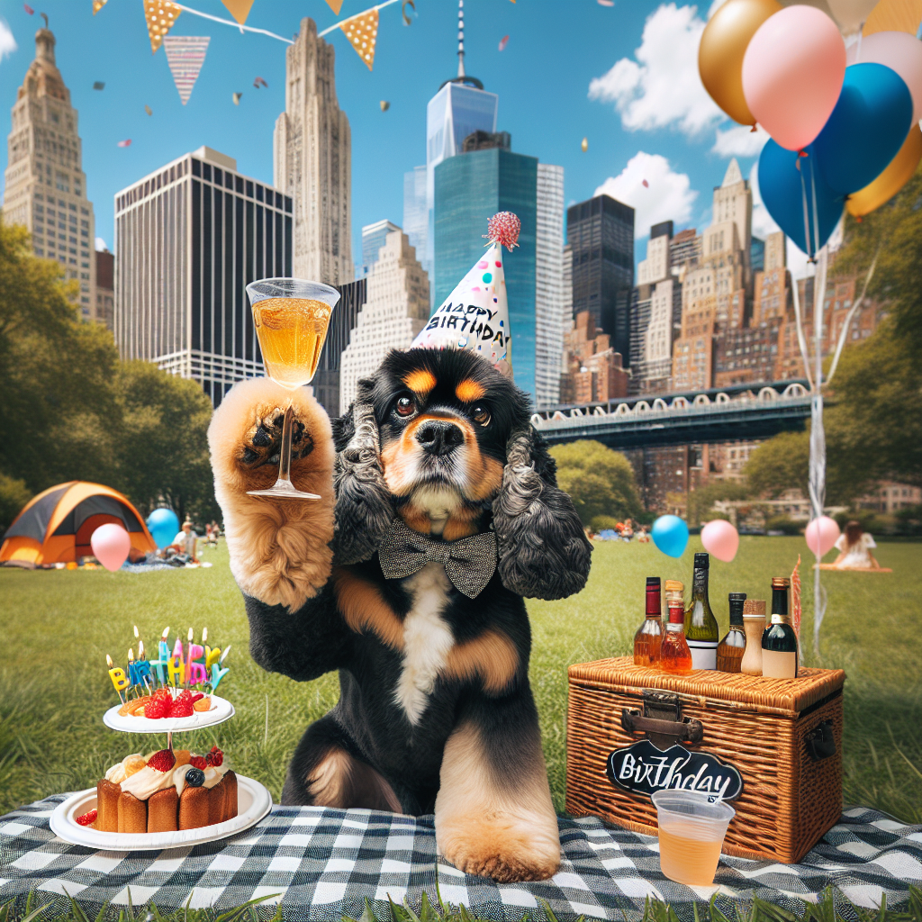 Create an adorable image featuring a black and tan cocker spaniel celebrating its birthday in New York City's park. The dog, adorned with a bowtie and a birthday hat, sits at the center of the park with a view of the city's skyscrapers, including an iconic tall building, behind it. Above the spaniel, balloons and a happy birthday banner float, creating a jubilant atmosphere. The spaniel raises a toast with a cocktail glass held in its paw. On the grass around the dog, a picnic spread featuring birthday treats and extra cocktail glasses contributes to the celebratory vibe of this urban setting.
Generated with these themes: Black and tan cocker spaniel, New York, and Cocktails.
Made with ❤️ by AI.