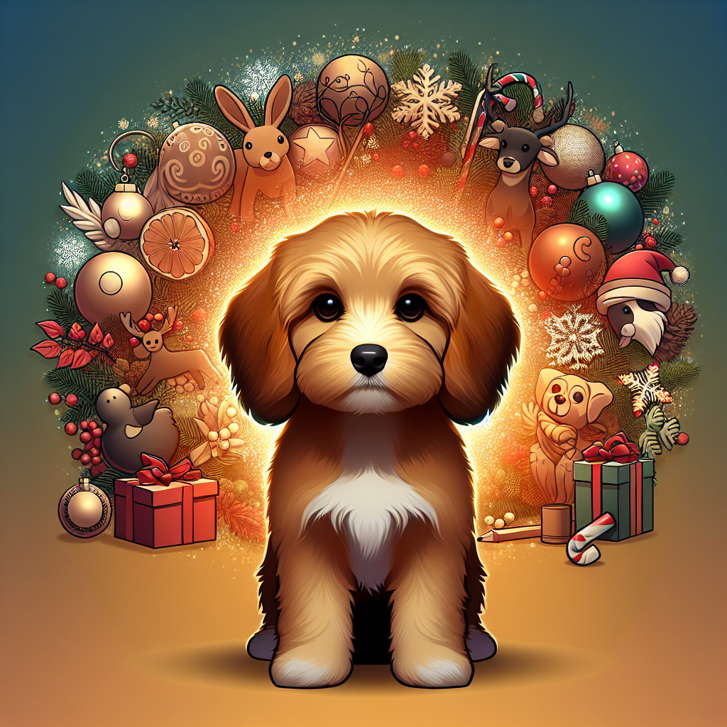 A cartoon scene unfolds featuring a slender Cavapoo with a soft tan coat, surrounded by Christmas cheer. The dog’s dark brown eyes are warm and inviting, mirroring the merry atmosphere of the wintery holiday setting.
.
Made with ❤️ by AI.
