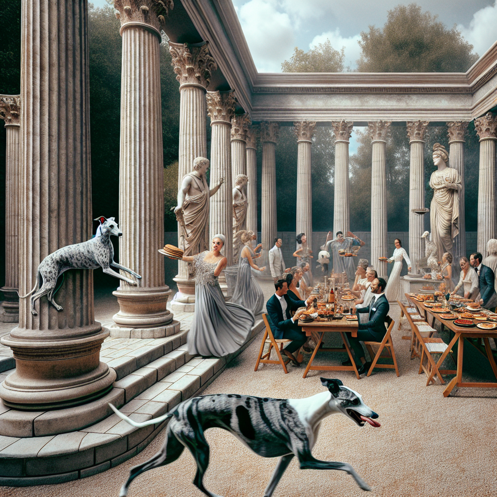 Imagine a scene that blends time periods, where ancient Roman columns tower in a contemporary backyard during an anniversary barbecue celebration. The columns, aging with patina, strongly contrast against the lively modern festivity. A dappled grey Whippet dog is swiftly darting among guests, who are dressed elegantly in apparel resembling a Roman gala. A white and black cat sits regally on top of a column, its piercing gaze keenly observing the scene. The air is filled with the tempting smell of barbecue, beckoning the guests to partake in a rich feast — a blend of the common and the remarkable.
Generated with these themes: Romans, Whippet Grey, White and Black cat, and BBQ Meat.
Made with ❤️ by AI.