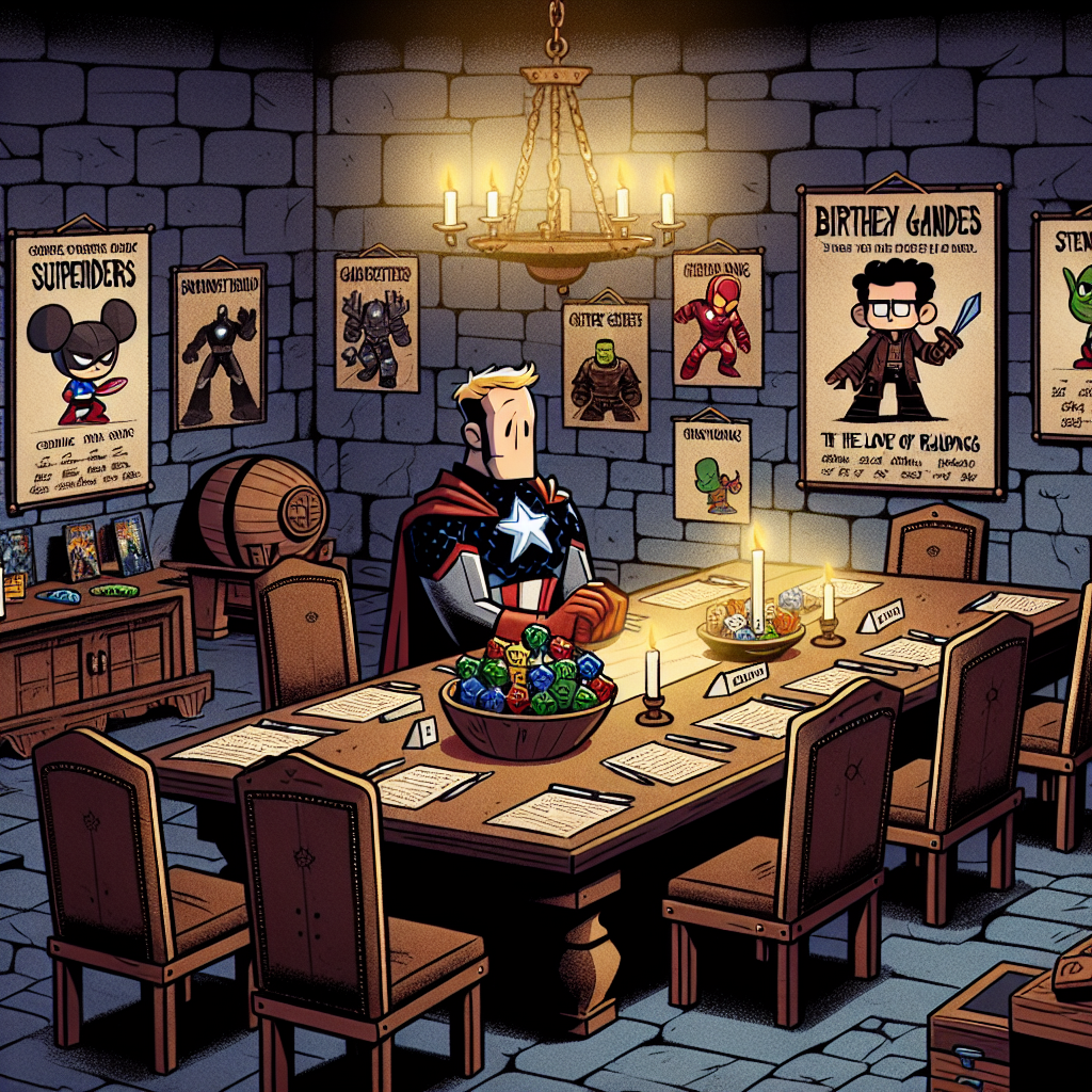 A solemn cartoon birthday scene taking place in a dimly lit, medieval tavern. The strong-like stone walls are decorated with superhero posters and assorted comic book pages. At the heart of the room sits a sturdy, oak birthday table, richly laid down with fantasy role-playing game accessories. Each spot at the table displays a character sheet and dice next to a bookmark favor. Classic leather-bound editions, cherished for the love of reading, are sublimely used as centerpieces, slyly marred with discreet superhero insignias on their spines. The tenor is thoughtful and reflective, connoted by the attendees' quiet conversations and thoughtful browsing of comic books.
Generated with these themes: Batman, Dungeons and dragons , Comics , and Reading.
Made with ❤️ by AI.