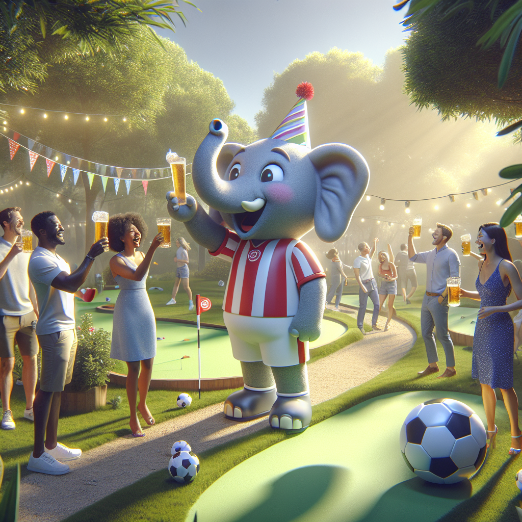 Create a lively image of a birthday party taking place in a sunlit park filled with luscious greenery. In the middle of the scene, there's a jolly elephant mascotwhich looks similar to a typical football club mascot, celebrating the festive occasion, surrounded by footballs wearing festive birthday hats. A group of guests are raising their glasses filled with ale, toasting towards the festive atmosphere. Close by, a miniature golf course winds through the celebrated crowd, with guests enjoying casual rounds under the dappled sunlight, their joyous laughter mixing with the melodious chirping of birds. Along a meandering pathway, a diverse group of friends, which includes an Asian male, a Black female, a Hispanic male, and a Caucasian female, engage in a gentle stroll, reveling in the celebratory mood and the gorgeous weather.
Generated with these themes: Watford Football Club , BEER , Golf, and Walking.
Made with ❤️ by AI.