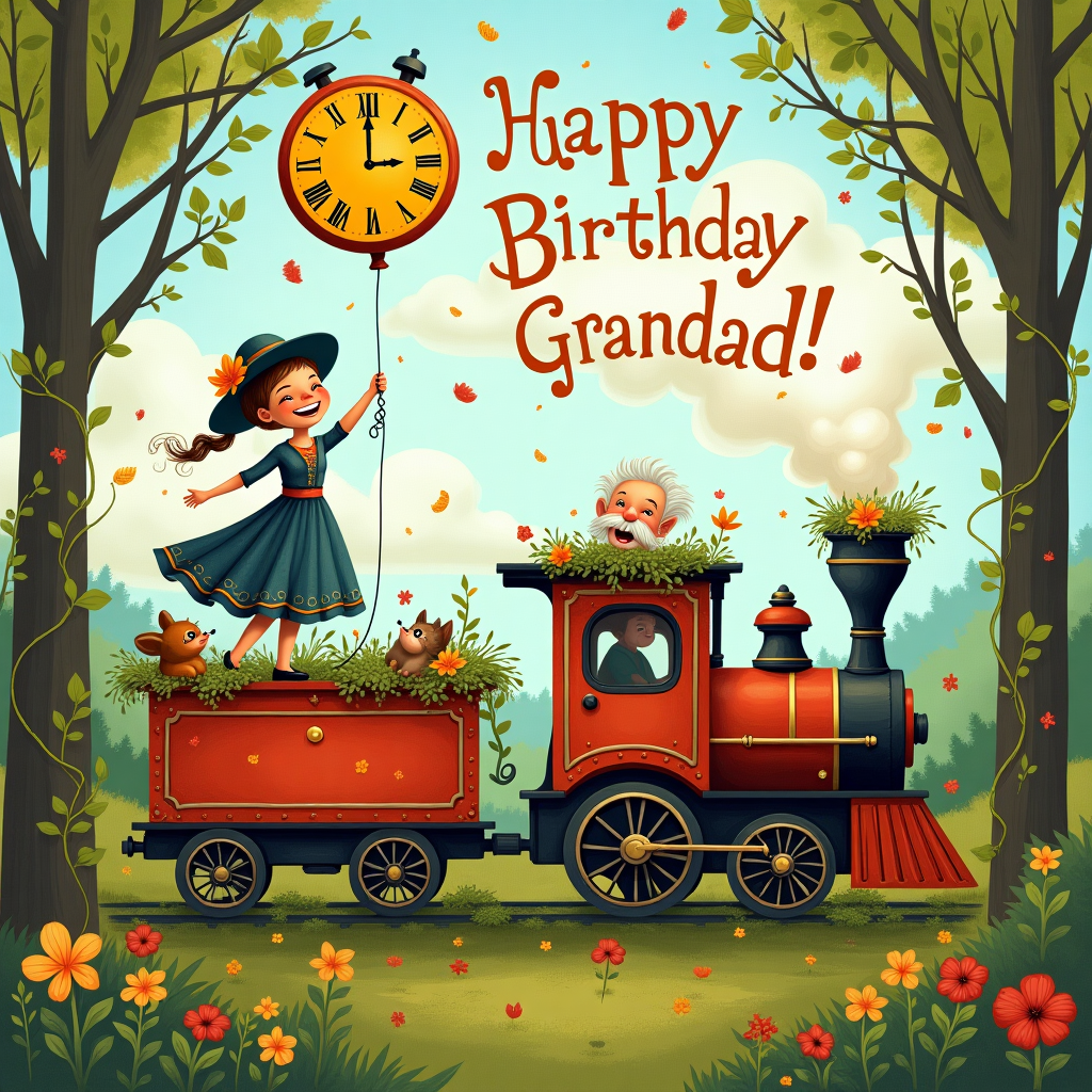 Picture a whimsical birthday scene where a lush, enchanting forest opens up to reveal a vintage steam train chugging merrily along tracks made of entwined vines and colorful wildflowers. The train's carriages are charmingly painted with vibrant, playful colors that echo the art of Quentin Blake, with loose, joyful strokes that bring a sense of delightful chaos. 

Perched atop one of the train cars, a young lady, whose style is reminiscent of a character from a Beatrix Potter tale, is dressed in a whimsical, Victorian-inspired outfit, complete with a broad-brimmed hat adorned with flowers. She is joyfully tossing confetti made of leaves and blossoms into the air, her laughter captured in mid-echo. 

Beside her stands her grandad, a cheerful old gentleman with a bushy mustache that would make any Norman Rockwell character proud. He's holding a giant balloon shaped like an old-fashioned pocket watch, its chain wrapping around his wrist. The watch's face is humorously pointing to "Happy Hour," a nod to both the celebration and the passing of time.

In the sky, clouds have mischievously formed the words "Happy Birthday, Grandad!" with letters puffing like steam from the train's chimney. The scene is filled with woodland creatures, painted in the style of Maurice Sendak, peeking out from behind the trees, joining in the festivity. 

The entire illustration bursts with life and detail, from the whimsical tendrils of smoke rising into the sky to the small, intricate details on the train that speak to the ingenuity of Edward Gorey's detailed line work. This scene invites viewers to join in a magical journey of celebration, where nature and nostalgia meet in a jubilant birthday salute.
Generated with these themes: Trains, nature, young lady and her grandad .
Made with ❤️ by AI.