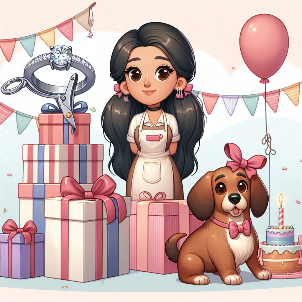 Create an adorable illustration for a birthday theme where the main focus is a charming sausage dog. The dog is distinguished by a playful collar and a bow, symbolizing the festive occasion. Next to the dog is a stack of birthday presents, and one of the boxes is slightly open, revealing a shiny engagement ring. Standing beside the canine is the character of a Middle-Eastern beauty therapist, characterized by long dark hair and wearing a sleek apron displaying beauty tools. The setting is decked with cheerful decorations like bunting, a birthday cake, and other whimsical elements to enhance the festive atmosphere.
Generated with these themes: Sausage dog, engagement ring, long dark hair, , and Beauty therapist, .
Made with ❤️ by AI.