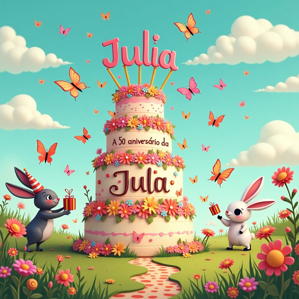 In a vibrant meadow, teeming with life, a whimsical birthday celebration is underway for Julia. In the foreground, an oversized cake towers, its layers adorned with pastel-colored icing and a plethora of edible butterflies, their delicate wings giving the illusion of fluttering as a gentle breeze whispers through. Atop the cake, the phrase "5º aniversário da Julia" is written in playful, chocolate script, with the name "Julia" creatively crafted into a banner of sugar butterflies, their wings aglow with iridescent hues.

To the left of the cake, a pair of mischievous bunnies, one grey and one white with a patch over its eye like a cartoonish pirate, are in the midst of an animated dance, each wearing a miniature party hat askew on their heads. One of the bunnies holds a small, brightly wrapped gift with a ribbon that twirls in the air. Above, a kaleidoscope of butterflies flits through the sky, some forming a loose "JULIA" amidst the wispy, cotton candy clouds that drift lazily across a cerulean sky.

In the background, the landscape is dotted with oversized, cartoon-like flowers, their vibrant petals open wide, serving as a backdrop to the playful chaos. A winding path of polka-dotted stepping stones leads up to the cake, inviting Julia and friends to join the festivities. The scene is framed by a border of leafy vines and colorful wildflowers, with an open area at the bottom right corner left intentionally blank, providing a perfect space for a personal birthday message to be inscribed by the giver. The overall design echoes the timeless charm and humor reminiscent of the beloved artists that inspire its creation.
Generated with these themes: Butterflies, Bunnies, Cake, Write "5º aniversário da Julia", and Frame the card, so I have enough space to write a custom message, or make some space at the end of the card so I can write..
Made with ❤️ by AI.