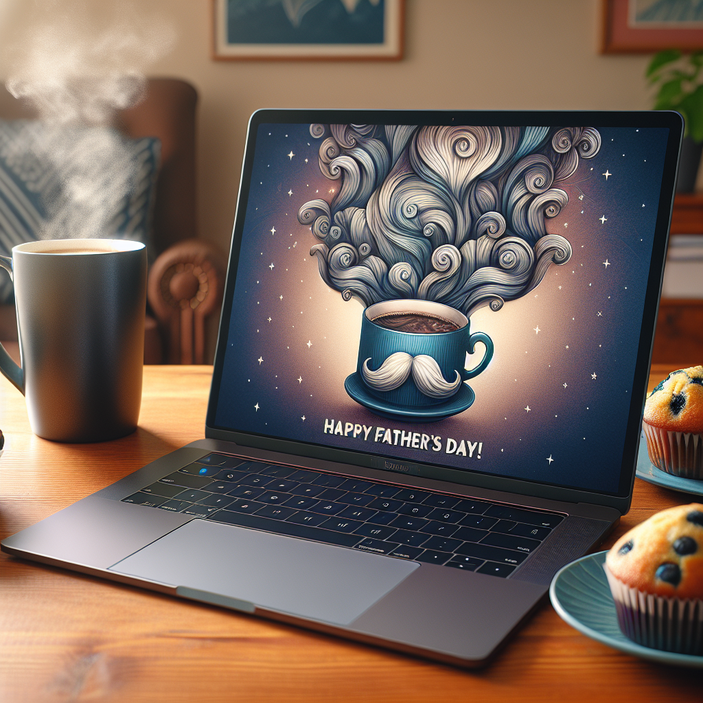 A charming home office desk manifests comfort and professionalism with a sleek, space gray laptop that boasts a cheerful 'Happy Father's Day!' wallpaper on its screen. Next to it, a mug filled with freshly brewed coffee sends wisps of steam spiraling upwards, exuding a sense of tranquility. Alongside the mug, a plate of warm, homemade blueberry muffins is displayed meticulously, enticing the beholder to pause and enjoy a satisfying break.
Generated with these themes: Apple product, and Food.
Made with ❤️ by AI.