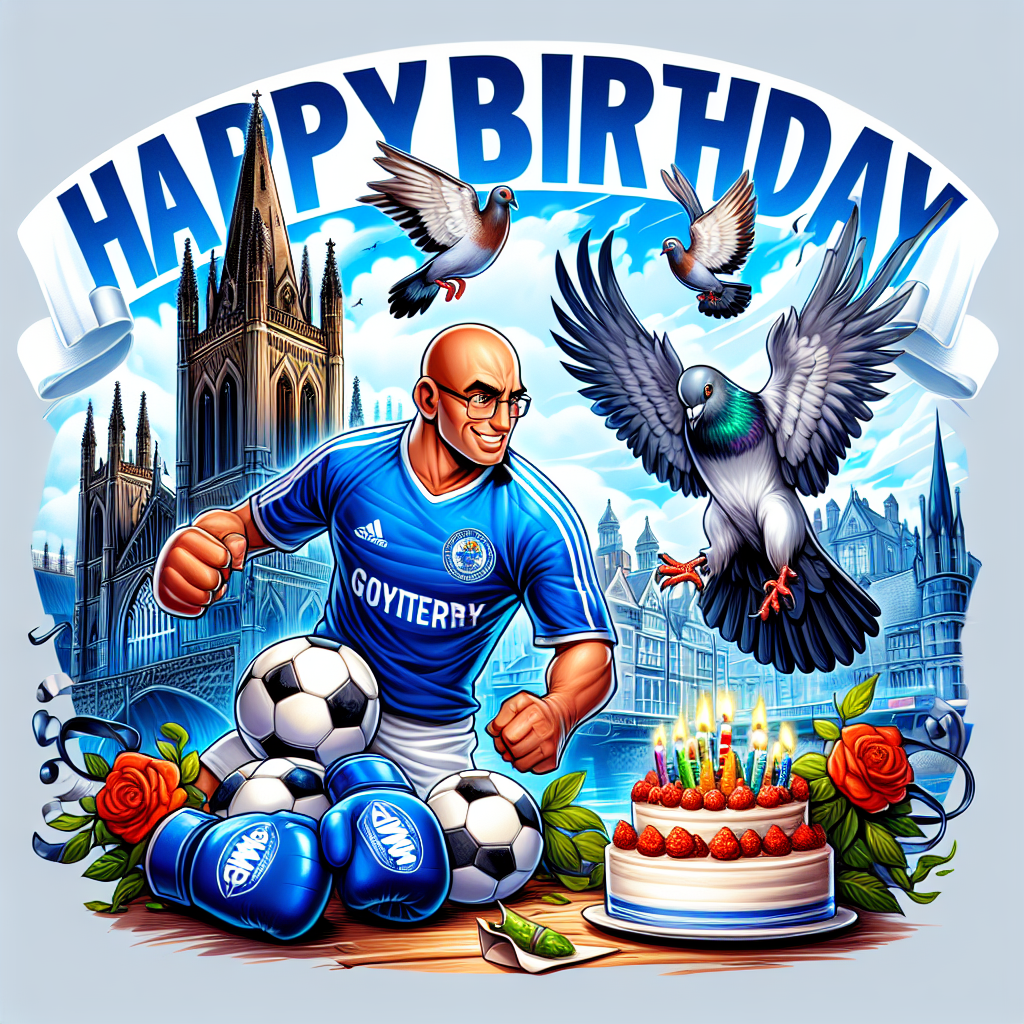 A vivid birthday illustration favoring an unspecified football club. The scene features a famous football team's emblem highlighted subtly in blue tones. In the foreground, generic animated characters sport the team's jerseys while gleefully interacting with a football. Above them, pigeons, depicted in a whimsical cartoon style, hold 'Happy Birthday' banner with their beaks. A notable Gothic-style cathedral elegantly merges in the background, adding a slice of history. On the side, a pair of MMA gloves nestles next to a birthday cake, indicating an interest in martial arts.
Generated with these themes: Everton football club  Southpark  pigeons  York   mma    .
Made with ❤️ by AI.