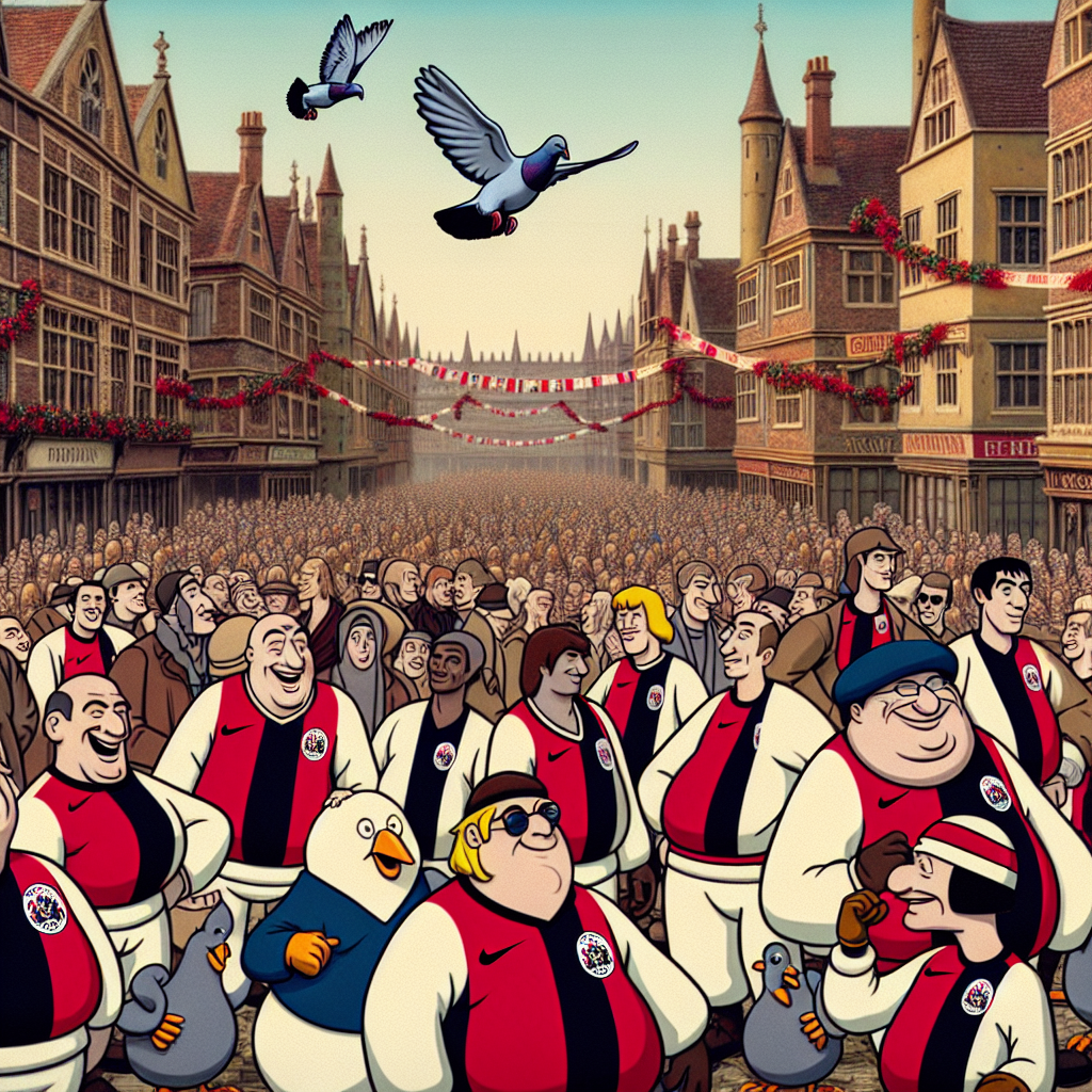An image of a group of cartoon characters vaguely resembling the stylized ones of a famous satire animated sitcom. The characters wear football jerseys similar to those of a renowned English football club, jovially celebrating a birthday party on the streets of a vintage medieval city. Among the crowd, animated pigeons join in the celebration, some wearing tiny gloves signifying interest in martial arts. The football club's emblem subtly appears in the festive decorations that charmingly embellish the picturesque medieval cityscape.
Generated with these themes: Everton football club  Southpark  pigeons  York   mma    .
Made with ❤️ by AI.