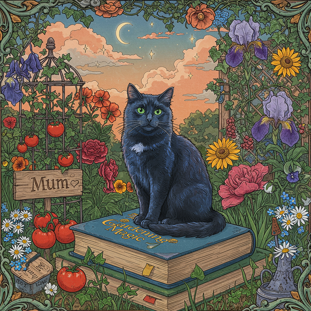 The front cover of the greeting card is a vivid tapestry of surrealism and whimsy, meticulously detailed to captivate the observer. Imagine a lush garden teeming with life, where the boundaries between reality and fantasy blur. 

At the center, a majestic black cat sits regally on a sturdy, oversized book, the cover titled "Gardening Magic". Its fur is depicted with delicate, intricate strokes, showcasing a glossy, almost silken texture that catches the light in hints of deep blue and purple. The cat's eyes, a vibrant emerald green, gaze knowingly at the viewer, suggesting a depth of wisdom and mystery.

Surrounding the feline, a profusion of oversized, vividly colored flowers blossom in every imaginable hue—crimson roses, sunny marigolds, and lavender irises, their petals unfurling with a painterly finesse reminiscent of Beatrix Potter's botanical precision. Tendrils of ivy and morning glory weave in and out of the book's pages, merging literature with nature.

The backdrop is a dreamlike twilight sky, where swirls of Maxfield Parrish-inspired clouds dance in shades of peach and indigo, punctuated by glistening silver stars that twinkle with otherworldly charm. On this ethereal canvas, a gentle arc of a crescent moon hangs low, casting a silvery luminescence over the scene.

In the foreground, an ornate iron trellis supports a climbing vine heavy with ripe tomatoes and delicate daisies, each leaf and petal meticulously detailed, channeling the intricate linework of Aubrey Beardsley. Here, nestled among the foliage, is a rustic wooden sign with the word "Mum" carved into its surface, the letters entwined with tiny forget-me-nots, adding a personal touch to the enchanting tableau.

Finally, tucked in the corner, a weathered garden spade and a pair of well-loved gardening gloves lie half-buried in the rich, textured soil, nodding to the earthy, practical charm of Norman Rockwell's illustrative style. The scene is a harmonious blend of the fantastical and the familiar, inviting the viewer into a world where every detail tells a story.
Generated with these themes: Black Cat, Gardening, and Books.
Made with ❤️ by AI.