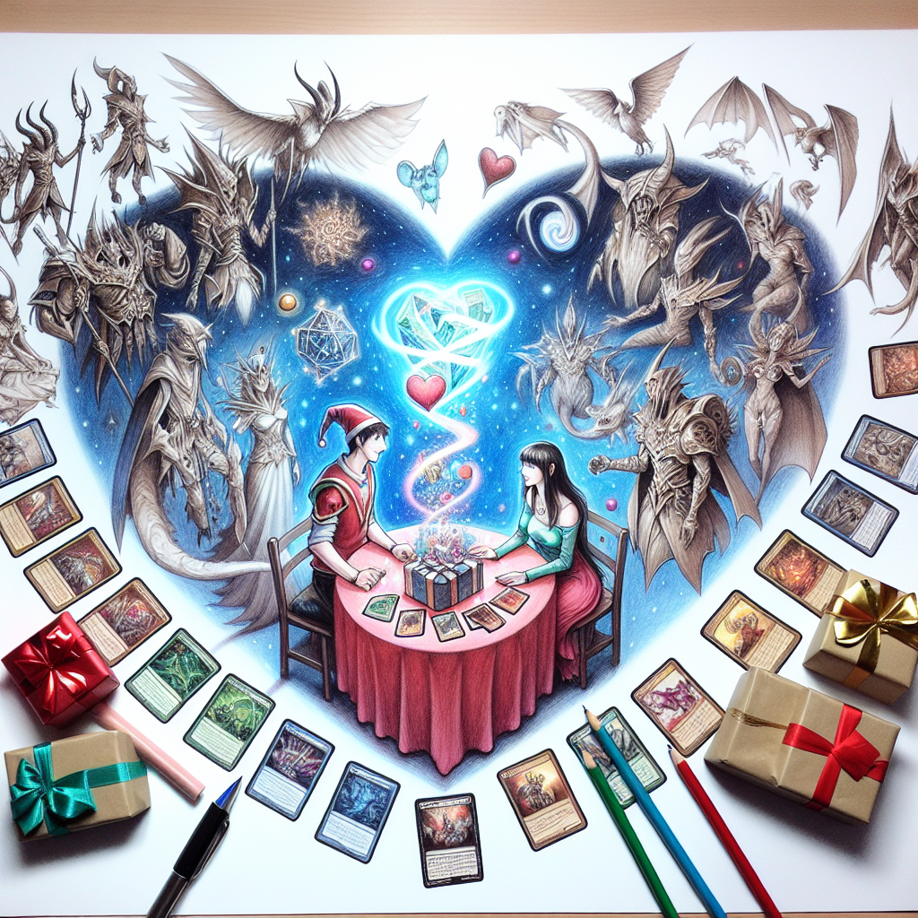 A fanciful drawing marks a memorable occasion with a fantasy card game theme. Two elegantly captured characters, inspired by the concept of inter-dimensional travellers in a card game, are seen exchanging gifts across a heart-shaped table delightfully set with a festive, otherworldly display. Assorted cards from a well-known role-playing card game are laid out, indicating a friendly contest, while a visually appealing energy dances through the scene, capturing both the fantastical element of the game and the captivating connection of the pair.
Generated with these themes: Magic the gathering.
Made with ❤️ by AI.