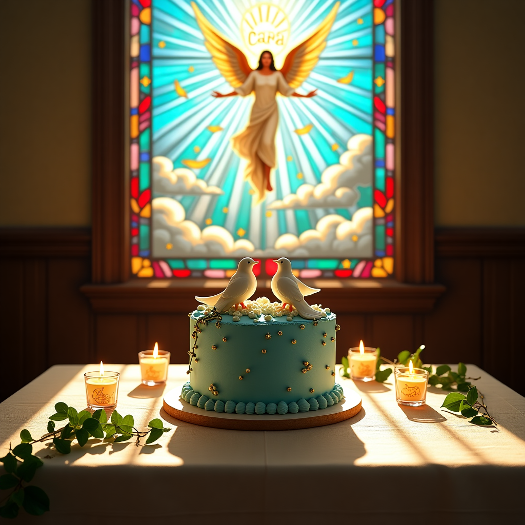 Front and center, imagine a rustic wooden table set for a birthday celebration, bathed in warm sunlight streaming through an ornate church window. The table is draped with a linen tablecloth in soft ivory, subtly embroidered with cross patterns along the edges. On the table, a large, decadent birthday cake is displayed, its icing a deep celestial blue, reminiscent of the night sky, speckled with edible gold stars. 

Atop the cake, intricate sugar sculptures depict a serene scene of doves carrying olive branches. Each dove is painstakingly detailed, their feathers rendered in pure white with slight shadowing to suggest texture. The cake is crowned with a shimmering, golden halo as a topper, catching the light from above.

Behind the table, the background is dominated by an enormous stained-glass window, casting vibrant hues of reds, blues, and greens onto the scene. The window depicts an angelic figure with outstretched wings, gently cradling a birthday candle in one hand, surrounded by celestial rays of light that seem to pulse with a divine glow.

In the sky, visible through the open window, fluffy cumulus clouds drift lazily, forming shapes that evoke the visage of an angel. Among these clouds, in an almost playful, ethereal manner, the name "Cara" is whimsically written in the sky with soft, cloud-like lettering, gently swirling in the breeze.

Scattered across the table are small, gleaming votive candles, their flickering flames mirroring the dance of light through the stained glass. Each candle rests in a glass holder etched with symbols of faith: a cross, a fish, and a lamb.

To complete the scene, delicate tendrils of ivy trail over the edges of the table, their verdant green leaves adding a touch of nature's simplicity, weaving around the candles and trailing down the sides, embracing the elements of earth and spirit in harmony.
Generated with these themes: Christianity, and .
Made with ❤️ by AI.