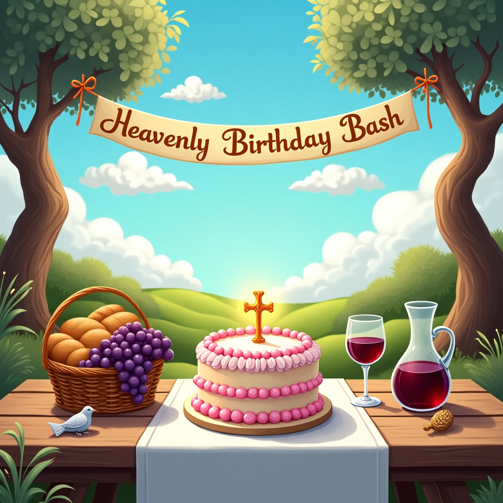Title: "Heavenly Birthday Bash"

Front Cover Description:

The scene unfolds in a quaint, sun-dappled garden, reminiscent of a biblical landscape, with lush greenery and vibrant blooms. In the foreground, a wooden picnic table, weathered with character, is laden with a sumptuous spread of birthday treats. A large, ornately decorated cake takes center stage, with layers of pastel pink and white icing. Atop the cake, a small, gold cross made of sugar glistens in the sunlight, subtly hinting at the Christian theme.

To the left of the cake, a wicker basket brims with fresh grapes and loaves of bread, paying homage to the loaves and fishes parable. A pitcher of deep red wine rests beside it, with glasses half-filled, casting a crimson glow on the white tablecloth below.

In the background, the azure sky is dotted with fluffy white clouds that seem to form angelic shapes. Among them, one cloud is cleverly shaped to spell "Cara," the letters highlighted with a faint halo effect, adding a whimsical touch.

To the right of the table, a banner strung between two olive trees reads "Happy Birthday" in golden letters. These trees, with their twisting trunks and silver-green leaves, provide a serene, sacred backdrop.

Sprinkled throughout the scene are small, subtle elements that nod to Christianity: a delicate silver fish charm rests beside the cake, and a tiny, intricately detailed dove figurine perches on the table edge.

Colors: The overall color palette is soft and harmonious, with gentle pastels, natural greens and browns, and the occasional pop of gold and crimson.

This scene invites the viewer to appreciate the simple, yet profound beauty of a birthday celebration infused with Christian symbolism and the natural world.
Generated with these themes: Christianity, and .
Made with ❤️ by AI.