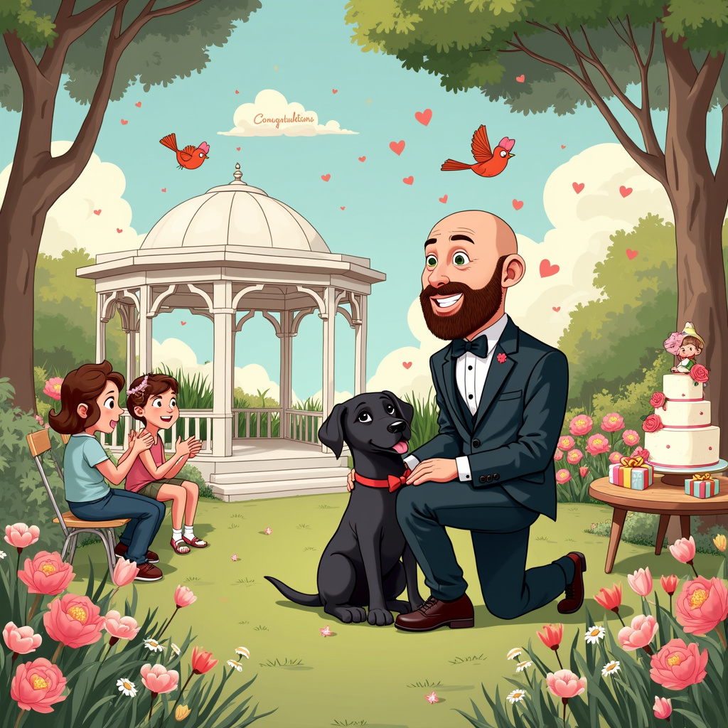 Black Labrador Dog, and Bearded groom with bald head Wedding Card