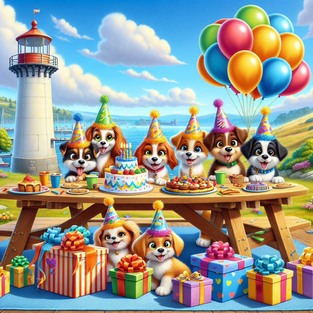 Imagine a lively birthday party scene with a group of friendly, animated puppies wearing vibrant party hats, gathered around a picnic table. The table is adorned with a birthday cake, gifts wrapped in bright, cheerful paper, and many delicious treats. The backdrop of this party is a peaceful bay area under a sunny sky, with a distinctive watchtower in the distance. Enhancing the sentiment is the whimsical detail of colorful balloons tied around the tower.
Generated with these themes: Paw patrol.
Made with ❤️ by AI.