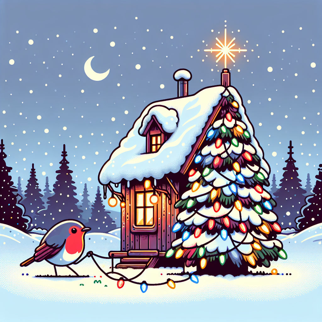 Vector image of a snowy Christmas scene where a cheerful robin is stringing lights on a tree-shaped building under the twinkling winter sky.
Generated with these interests: Robin, Christmas tree, and Building.
Made with ❤️ by AI.
