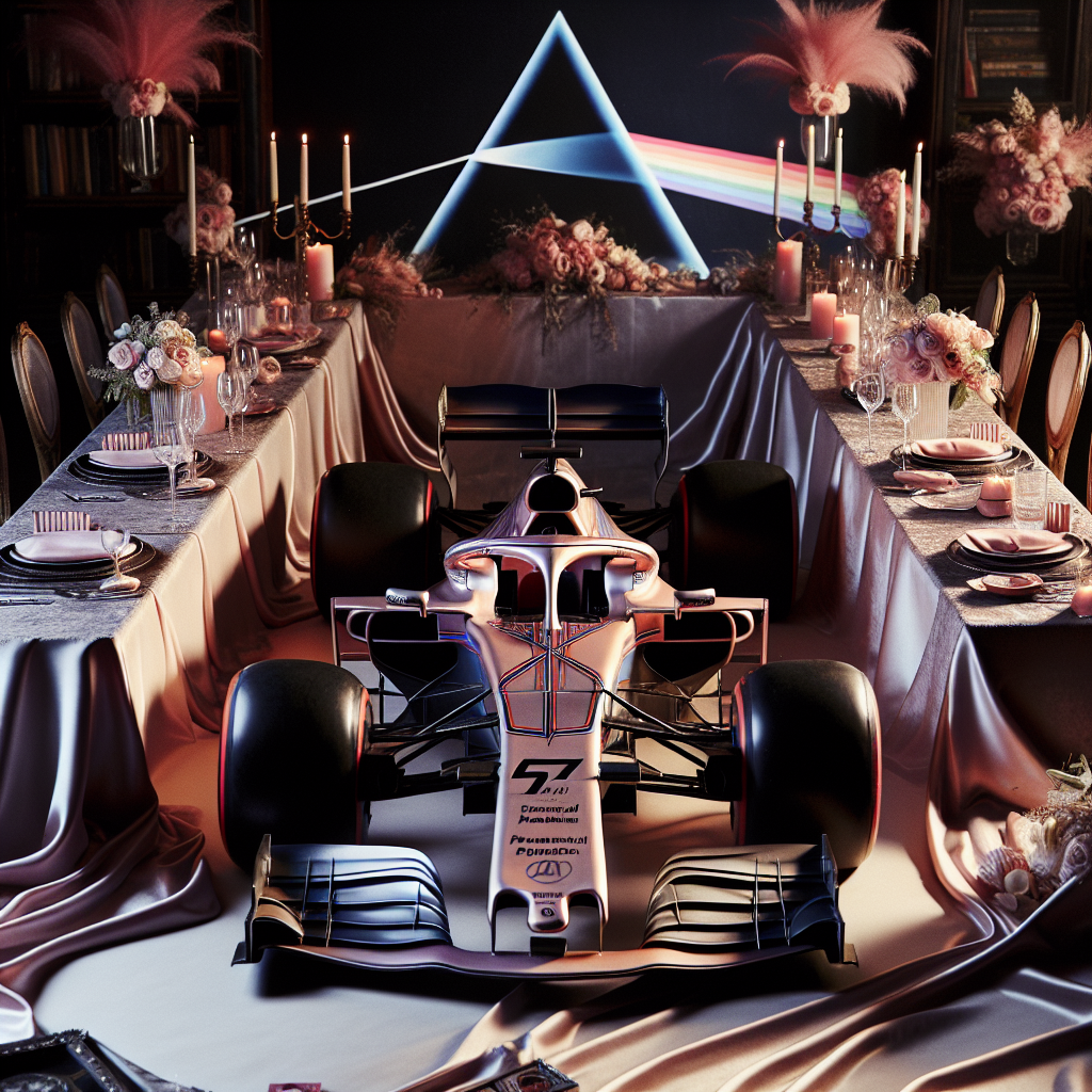 Craft a captivating anniversary setting representing a couple's unique blend of interests. Central to this scene is a dashing model of a Formula One car, detailed with aesthetic elements inspired by the band Pink Floyd. The tables, draped in luxurious fabrics, embody the artistic essence of this band's evocative album art, while soft pink highlights are scattered across the setting as a tribute to their musical influence. The ambiance is electrifying, charged with the dual spirit of deep love and a shared passion for racing, making a personalized and unforgettable anniversary celebration.
Generated with these themes: Pink Floyd , and Formula One .
Made with ❤️ by AI.