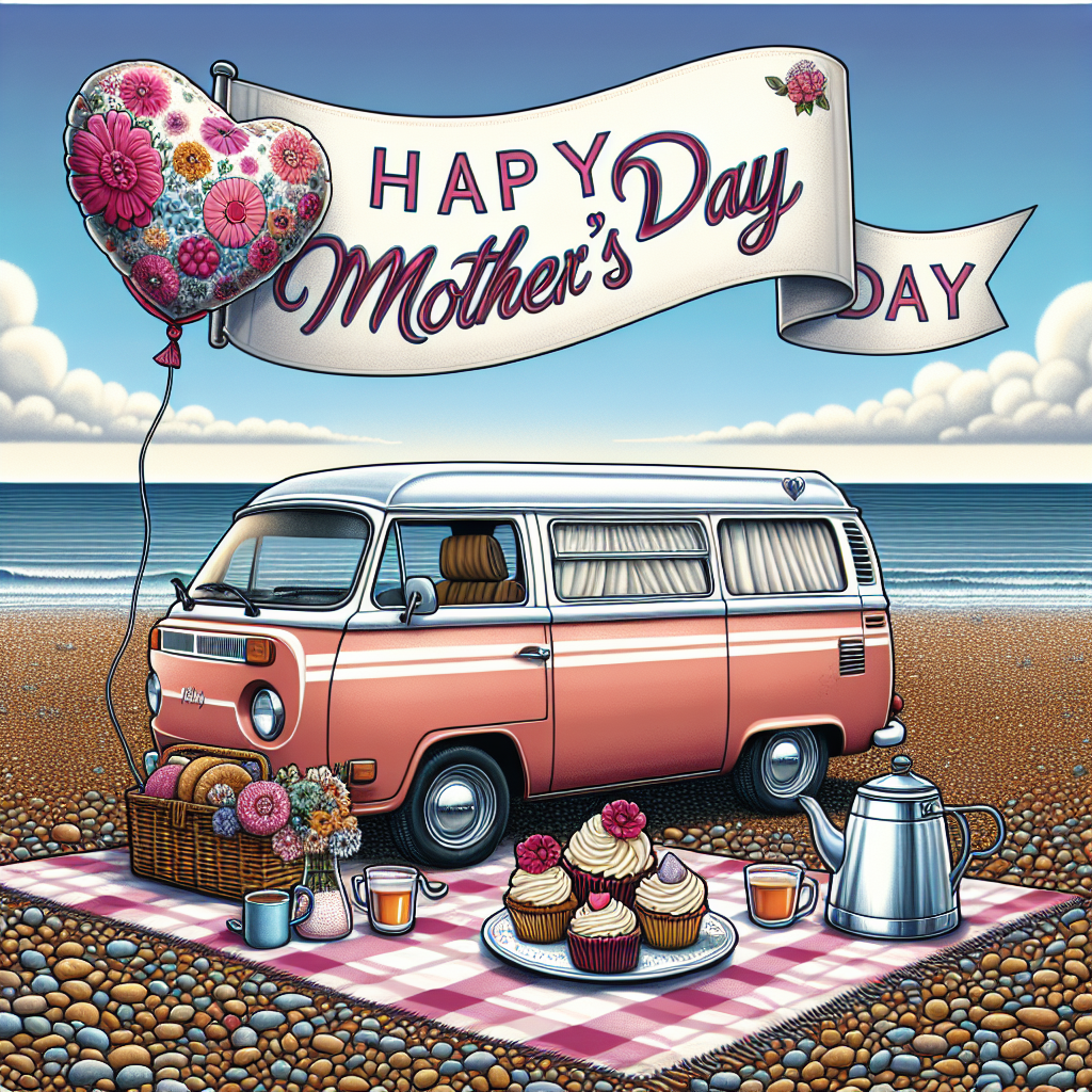 Generate a cartoon-style illustration capturing a Mother's Day celebration set on a British seaside. The main focus should be on a retro-style campervan adorned with a banner that reads 'Happy Mother's Day'. The van is parked on a beach filled with pebbles, with the calm sea waves forming the backdrop. Adjacent to it, a heart-shaped balloon hovers above an inviting setup consisting of delicious cupcakes and a teapot, all arranged neatly on a checkered blanket. The entire scene evokes serenity, celebration, and the quintessential coastal charm.
Generated with these themes: Campervan , and English seaside.
Made with ❤️ by AI.