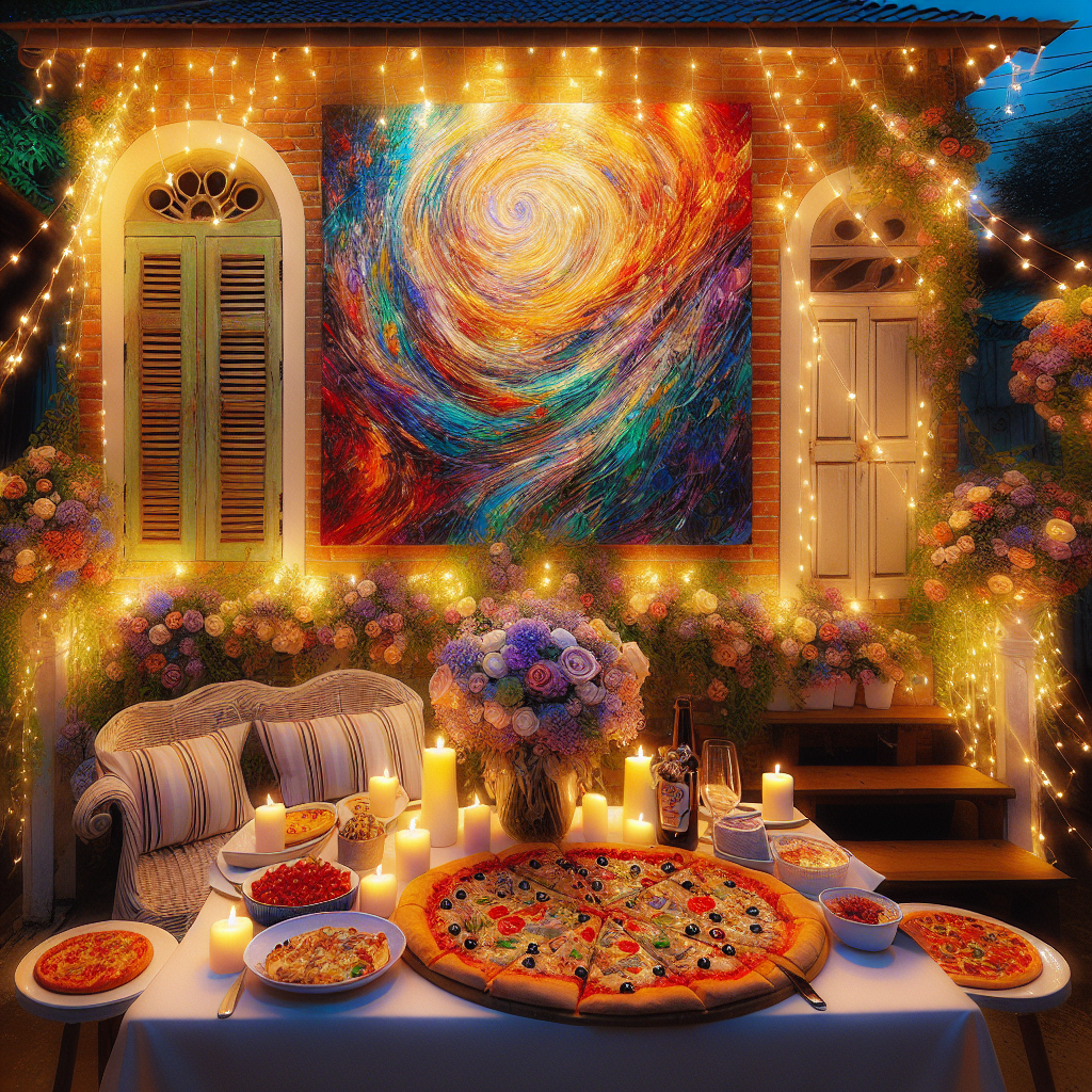 Transformed into a charming and vibrant abstract setting, lies a petite anniversary sanctuary nestled within the gentleness of a small town. This cozy retreat portrays a quaint corner adorned by a brilliantly hued abstract painting that serves as a breathtaking background to a table arranged for two and generously laden with an assortment of pizzas. Delicate clusters of fairy lights gently wrap around pizza-themed decorations, casting an enchanting spell over the intimate assembly that joyously commemorates another year of shared experiences over their favorite comfort food.
Generated with these themes: Smallville, and Pizza.
Made with ❤️ by AI.