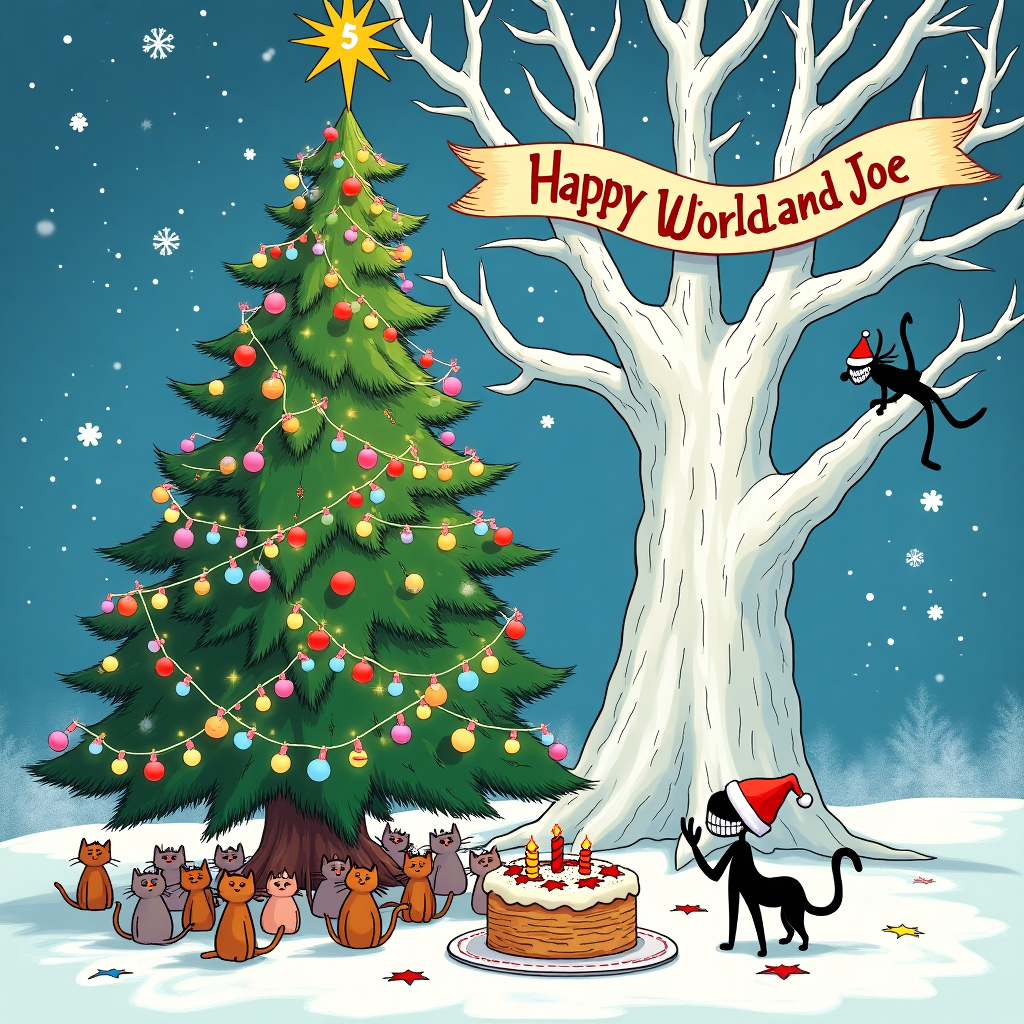In this whimsical greeting card scene, imagine a snow-draped wonderland with a grand Christmas tree at its heart, sparkling with vibrant, colorful ornaments and strings of twinkling fairy lights. At the top of the tree sits a cheeky little star with a mischievous grin, reminiscent of Bill Watterson's humor. Nearby, Ghostface, inspired by Charles Schulz’s endearing simplicity, has decided to don a Santa hat, while maintaining his iconic, eerie grin. Jack Skellington, drawn in a playful style reminiscent of Winsor McCay’s imaginative detail, is joyfully orchestrating a parade of mischievous, cartoonish cats—each with big, expressive eyes, much like those from Osamu Tezuka's manga. These feline characters are entangled in the tree’s garlands, creating a delightful chaos. 

On the ground, an oversized birthday cake, humorously echoing R. Crumb’s bold lines, is surrounded by jubilant cats licking frosting, while an exuberant banner with the names "Lisha and Joe" dances across the sky, blending into the billowy clouds like Hergé’s signature Tintin style. In the background, a wise old banyan tree stands tall, its flowing white hair-like branches drawn with Art Spiegelman's layered depth, offering a whimsical nod to its mythical roots. The scene is bordered with stylized snowflakes, echoing Will Eisner’s expressive graphic novel art, completing this delightful, animated world that celebrates the joyous achievement with a hearty dose of humor and charm.
Generated with these themes: Christmas tree, ghostface Jack skellington, cats, white hair bany.
Made with ❤️ by AI.