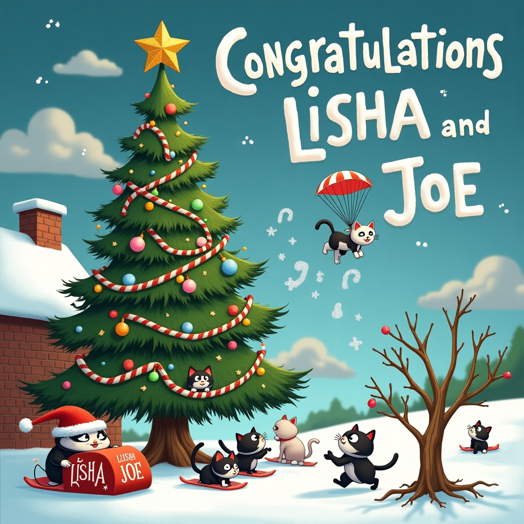 The front cover of the greetings card bursts with a whimsical and enchanting scene, woven with humor and creativity. At the center stands a slightly quirky, over-decorated Christmas tree. The tree is not just adorned with traditional baubles and tinsel; it features miniature figurines of Ghostface and Jack Skellington peeking mischievously through the branches, each holding a shiny ornament as if contemplating where to hang it. The tree’s star is a cheeky little cat with a fluffy tail, wearing a Santa hat, looking triumphant atop the tree, which leans slightly to the side from its weight.

To the left of the tree, there’s a snowy rooftop where a group of cartoon cats, with various expressions ranging from excitement to sheer bewilderment, are sledding down. One of the sleds is emblazoned with the words "Lisha and Joe" in bold, glittery letters, creating a striking contrast against the snow. The sledding cats appear to be on a chaotic collision course with an unsuspecting snowman, which, upon closer inspection, has a white-haired bany (banyan tree) for a head, its thick, dangling roots creating a beard-like appearance that flutters in the imaginary wind.

In the sky above, clouds are forming into the shapes of letters that spell out "Congratulations," and between the wispy letters, two cats are paragliding, attached to candy cane-striped parachutes. The clouds subtly arrange themselves to also include "Lisha and Joe," forming an elegant and festive skywriting effect.

Adding a layer of narrative to the scene, on the right-hand side, a line of cats, each wearing a tiny, mismatched sock, is conducting an investigation of a snow-covered field, trying to track footprints left by the ever-elusive Jack Skellington, who is playfully dodging them just a few steps ahead.

The scene is filled with movement and life, with every element interacting in unexpected ways, ensuring that each time you look, there's a new detail or joke to discover, all centered around celebrating the achievements of "Lisha and Joe."
Generated with these themes: Christmas tree, ghostface Jack skellington, cats, white hair bany.
Made with ❤️ by AI.