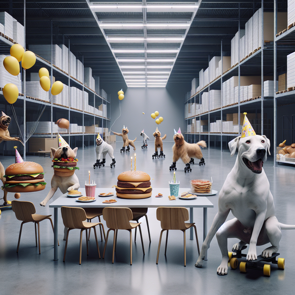 Imagine a whimsical birthday scene set within the vastness of a minimalist Scandinavian-style warehouse. Several dog pals, each sporting festive hats, merrily roller-skate through the warehouse aisles. Among them, a white and muscular dog skillfully juggles several cups filled with a sweet, bubble-studded beverage. A medium-sized dog with short hair, known for their excellent sense of smell, lounges contentedly in a modern chair while enjoying a slice of pizza. Off to one side, a golden, long-haired dog mans a makeshift burger stand, ingeniously constructed out of modular furniture typically found in such warehouses. Above, balloons waft gently in the warehouse air. Notably, a few are shaped like savory, rounded food items, contributing to the overall atmosphere of cheerful disorder.
Generated with these themes: Dogs, Ikea, Bubble tea, Pizza, Burger, and Rollerskating.
Made with ❤️ by AI.