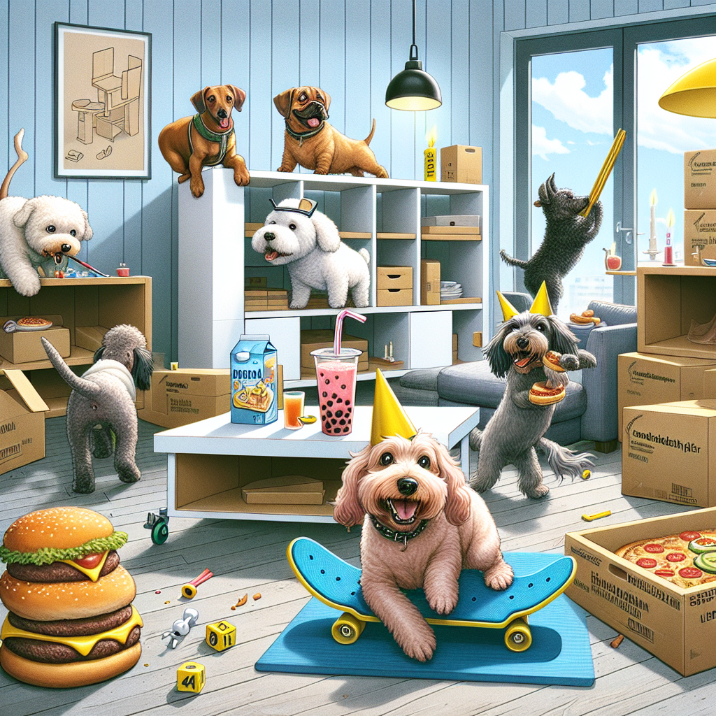 A humorous illustration of a group of varied breed dogs, from a poodle to a dachshund, celebrating a birthday party in a Scandinavian-style furniture store transformed into a roller-skating rink. One dog is seen drinking bubble tea from a comically shaped straw. Another one is riding on a flat cardboard box, akin to a skateboard. Adding to the amusement, a poodle is struggling hilariously to assemble a flat-pack bookshelf in the background. In the foreground, a dachshund is seen curiously eyeing a precarious stack of pizzas and burgers, ready to tumble at any moment.
Generated with these themes: Dogs, Ikea, Bubble tea, Pizza, Burger, and Rollerskating.
Made with ❤️ by AI.