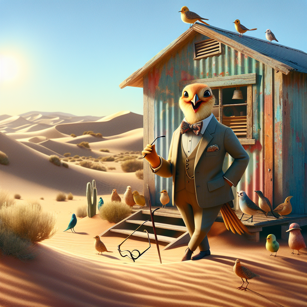 The image places us in a calm, sun-kissed desert. Among the soft dunes, we find a modest, rustic shack, painted with hues of time and weather. The focal point of this scene is a dapper bird character, illustrated as a mature male opera aficionado dressed in a tasteful suit and holding a pair of sleek opera glasses. His beaming smile expresses warmth and welcome. A cluster of lovely desert creatures are arrayed around him, gathered to revel in his 60th birthday celebration. The shack's details reveal his artistic nature, painted with swirls of vibrant colors and creative textures, projecting the scene as a desert haven for an imaginative spirit.
Generated with these themes: 60th birthday of an art loving male opera fan bird with his desert shack..
Made with ❤️ by AI.