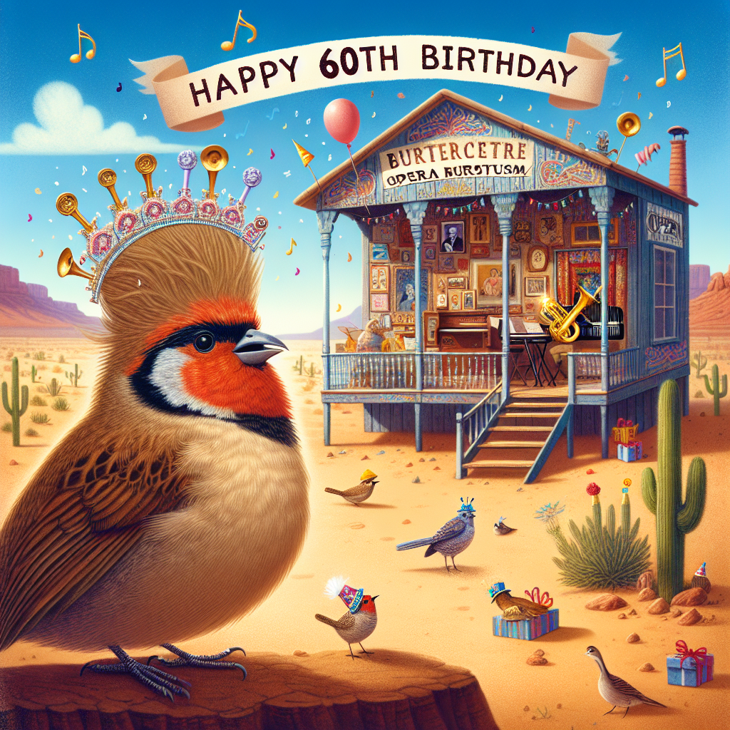Create a heartwarming illustration of a precisely preened male bird celebrating his 60th birthday in a desert setting. His expression should reflect joyful serenity. Behind him, a charming desert shack overflows with bohemian artistry, with its walls filled with vibrant colors and opera memorabilia. Add whimsical details such as floating musical notes around the bird and various desert creatures arriving with presents and wearing celebratory hats, set under a clear blue sky.
Generated with these themes: 60th birthday of an art loving male opera fan bird with his desert shack..
Made with ❤️ by AI.