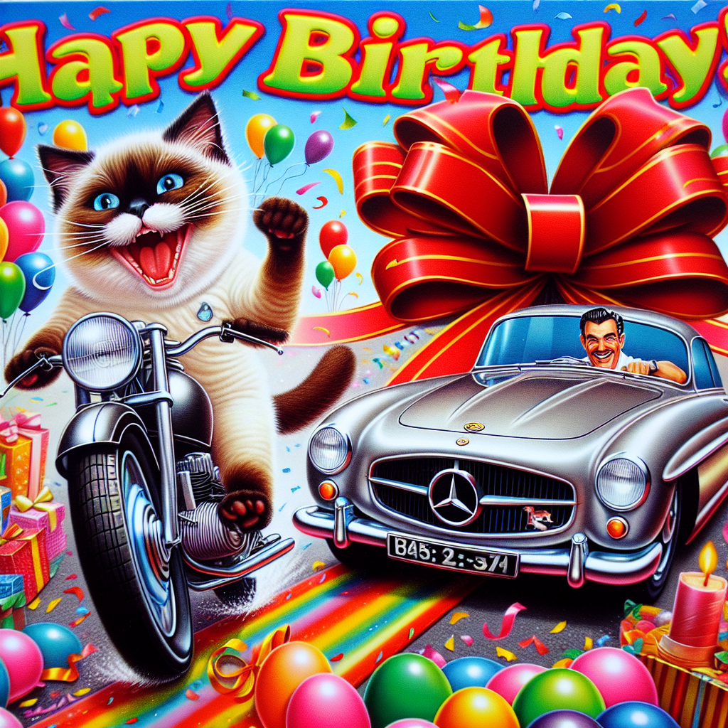 A cheerful and jubilant Ragdoll cat with no fur and exaggerated whiskers is joyfully bounding across a brilliantly colored birthday card. Amidst an array of multihued balloons and confetti, a large, muscular man with a striking resemblance to a classic movie star revs up his polished motorcycle on a winding road shaped like the number '5'. He has a wide grin plastered on his face. Just behind him, a gleaming Mercedes decked with a gigantic, radiant red bow is prominently placed, as though it is the lavish birthday present everyone at the party has been eyeing.
Generated with these themes: Ragdoll cat, Bald.  Large man, Motorbike, Male looks like grant mitchell, and Mercedes.
Made with ❤️ by AI.