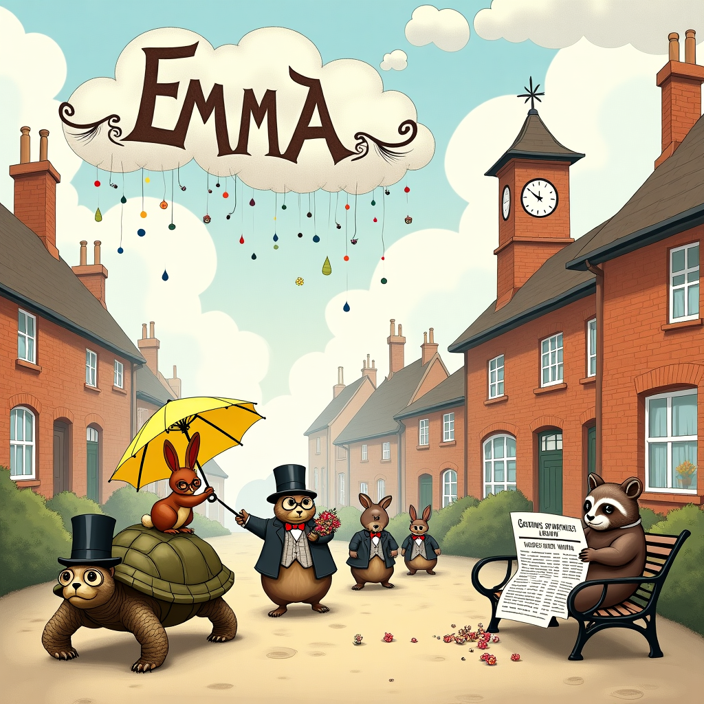 In this quirky and humorous sympathy card illustration, imagine a small, cozy corner of Rugeley town where a whimsical parade is taking place. At the forefront, there is a slightly confused, yet determined tortoise wearing a tiny top hat and spectacles, slowly leading the procession. Perched precariously on its back is a dapper squirrel, holding a vibrant yellow parasol to shield itself from the imaginary rain—a nod to Beatrix Potter's charming animal characters. Trailing behind, a line of mischievous rabbits dressed in Victorian waistcoats and bowties are juggling colorful false mustaches that seem to defy gravity, adding a touch of Edward Gorey’s humor.

The backdrop is a charming blend of historic Rugeley architecture—tiny brick cottages with smoke curling from the chimneys and a clock tower reminiscent of Norman Rockwell’s small-town Americana. Above, the sky is whimsically painted with fluffy clouds that twist and twirl to spell out "EMMA" in elegant script, echoing the ethereal landscapes of Maxfield Parrish. The clouds are adorned with dangling false eyelashes, fluttering gently as if caught in a soft breeze, a playful homage to Aubrey Beardsley's intricate details.

In the foreground, a friendly bear in a waistcoat is holding an oversized bouquet of wildflowers and accidentally dropping some as it attempts to hand it to an owl wearing a monocle—both are oblivious to the humor of the situation, much like characters from a Maurice Sendak tale. To the side, a raccoon sits on a bench, reading a comically large newspaper headlined "Rugeley's Unfathomable False Parade," with illustrations reminiscent of Gustave Doré’s dramatic scenes.

This parade, bustling with life and quirks, serves as an imaginative, light-hearted gesture of sympathy, promising that even in the oddest of moments, humor can find its way through.
Generated with these themes: rugeley.
Made with ❤️ by AI.