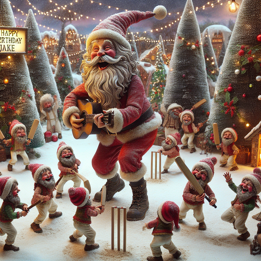 A zany Christmas scene unfolds with Santa Claus playing cricket with his elves on a snow-dusted pitch. The jolly old man plays a guitar between overs, serenading the crowd with festive tunes. Decorated trees surrounding the pitch twinkle in amusement. Amidst this delightful chaos, a banner flies overhead with the words 'Happy Birthday Jake', adding a personal touch to the whimsical holiday celebration.
Generated with these themes: Cricket sport and guitar playing .
Made with ❤️ by AI.