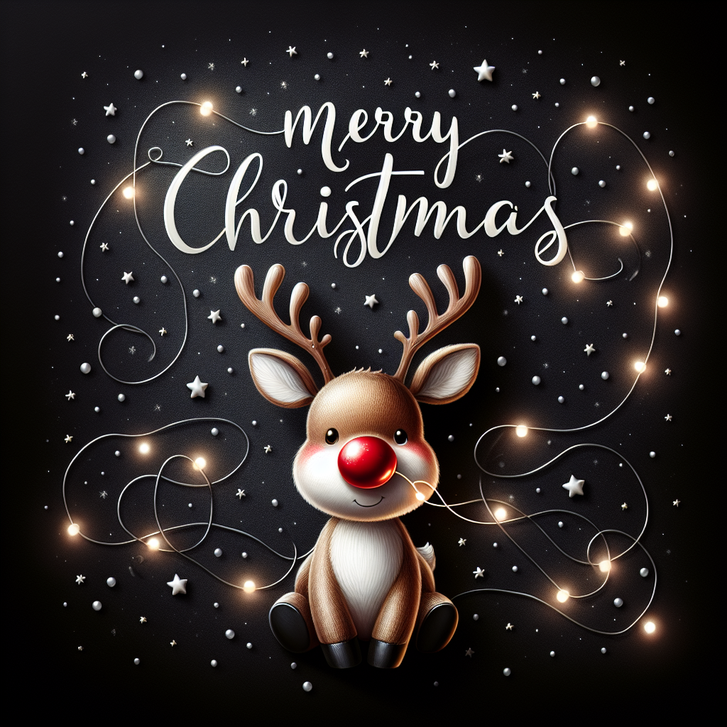 A cute illustration portraying a chubby reindeer with a bright red nose, standing on a shimmering black background sprinkled with tiny white stars. Festive lights drape around the reindeer's antlers, illuminating the 'Merry Christmas' text written in elegant, cursive font above its head.
Generated with these themes: black background with stars .
Made with ❤️ by AI.