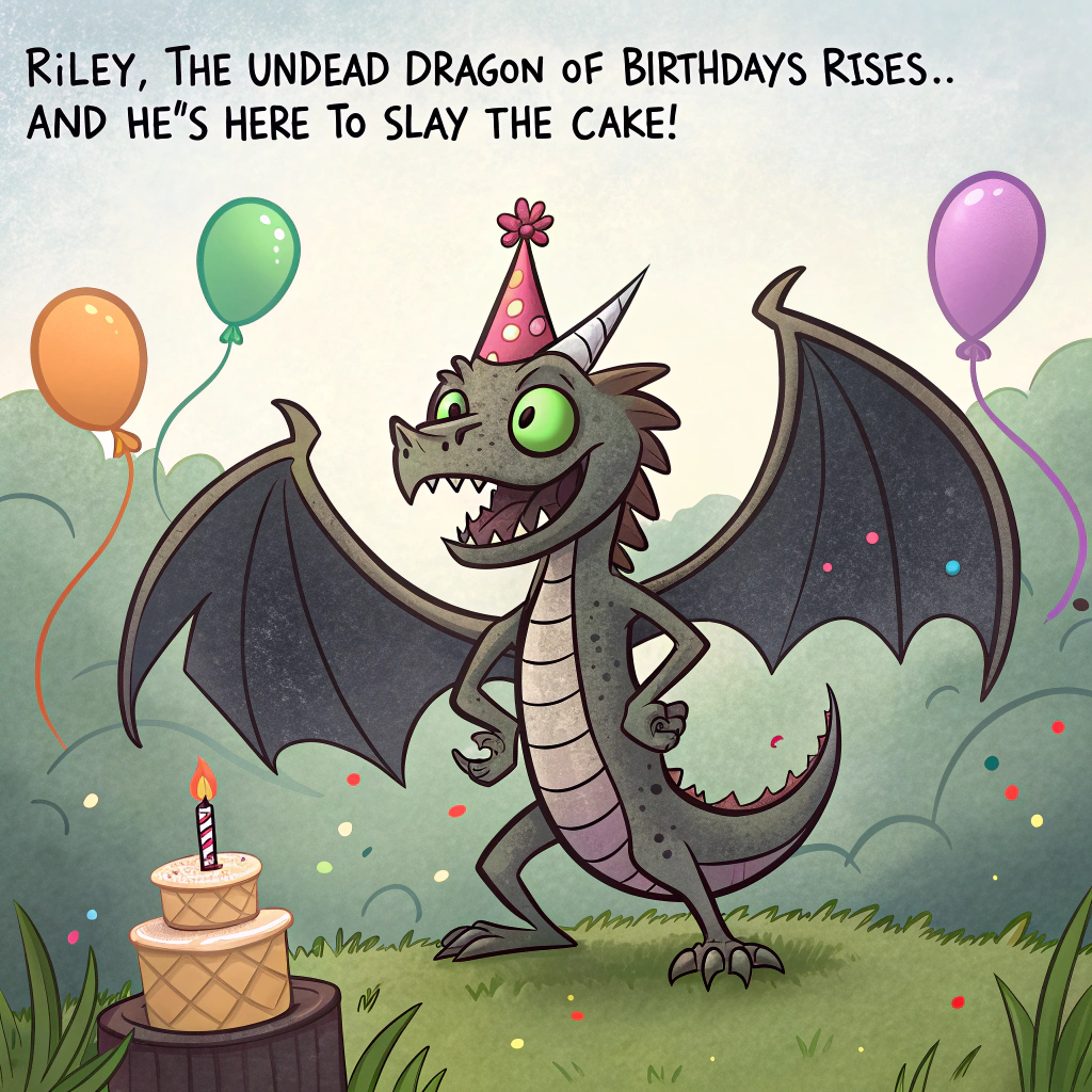 At the top of the image, "Riley, the undead dragon of birthdays rises… and he's here to slay the cake!"

- In the center of the image, illustrate a hilariously intimidating Warhammer-style zombie dragon—tattered wings, exposed ribs, and glowing green eyes—but perched awkwardly in a field of colorful balloons and streamers.

- The dragon wears a crooked polka-dot party hat balanced precariously between two horns. Its jaws are open wide—not in a roar, but to blow into a party blower that dangles limply.

- Below the dragon, a scattered army of terrified goblins in birthday vests scramble to light sparklers on a massive cake, which already has too many candles.

- A small banner hanging between two cracked pillars reads, “Cake Now, Souls Later.”

- Mood is humorously epic and totally over-the-top, as if a metal album cover threw a birthday party.
Generated with these themes: A zombie dragon from Warhammer with a party hat on.
Made with ❤️ by AI.