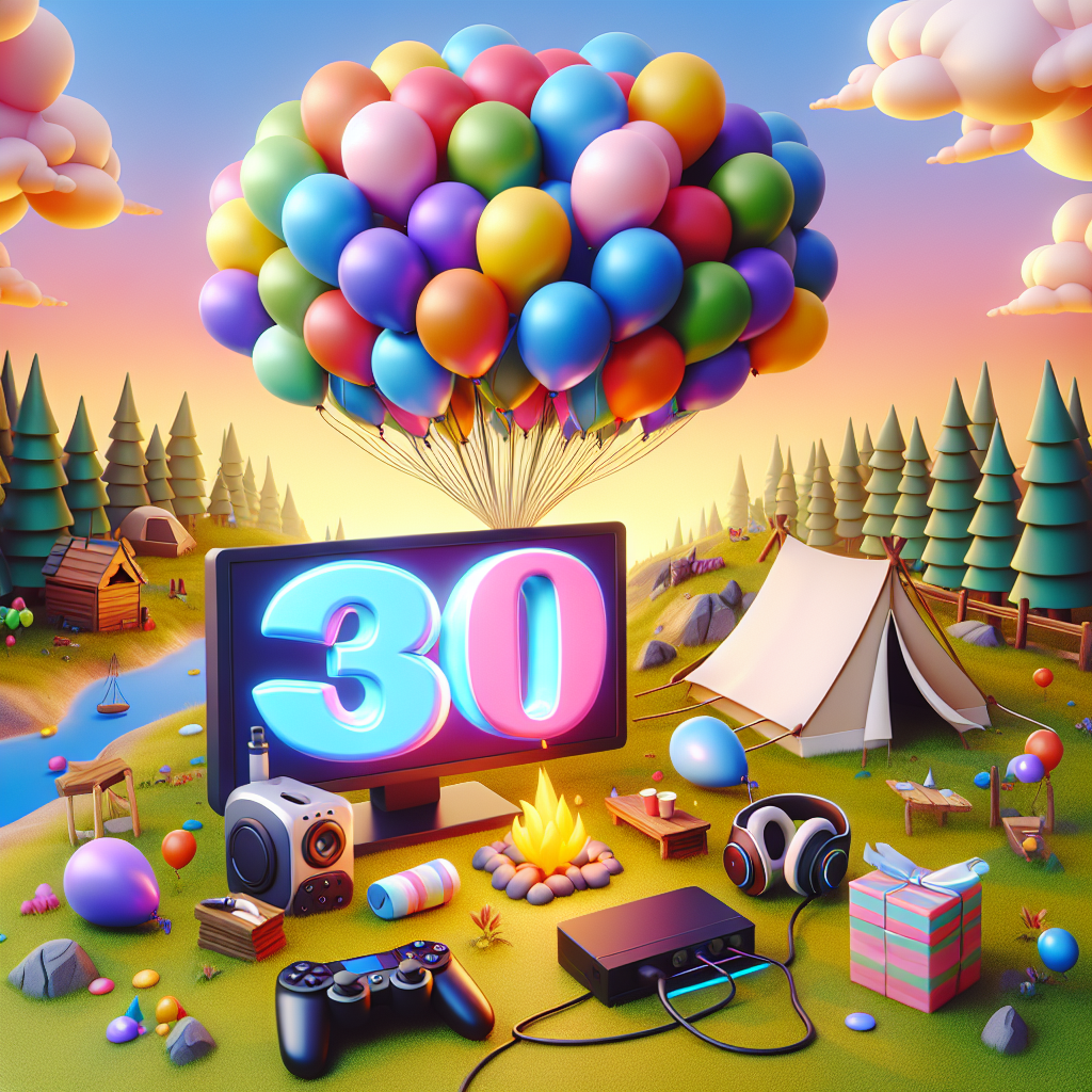 A colorful, playful, and cartoonish outdoor birthday scene with the vibrant number '30' displayed in the sky among a cluster of balloons in an variety of shades. At the core of the scene, a whimsical computer gaming setup consisting of a monitor, a pair of headphones, and a controller lends a modern touch to the cheerful setting. In the background, a light-hearted depiction of a campsite establishes an adventurous atmosphere. The campsite includes a tent, a campfire, and simplified, cartoon-styled trees, contributing to the overall joyous ambiance.
Generated with these themes: 30, Computer , Gaming, and Camping.
Made with ❤️ by AI.