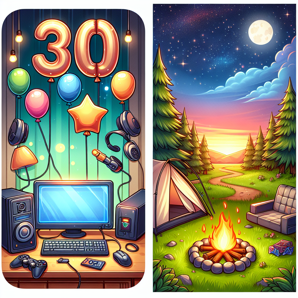 Create an image of a charming, cartoon-style gaming station complete with a computer where '30' shaped balloons highlight an important birthday milestone. Let there be game-related items such as joysticks and headphones amusingly scattered around. And then, let this indoor scene gradually transition into a peaceful outdoor camping scene featuring a tent and a dancing campfire under a sky peppered with stars. Infuse the entire scene with a hint of outdoor escapism.
Generated with these themes: 30, Computer , Gaming, and Camping.
Made with ❤️ by AI.