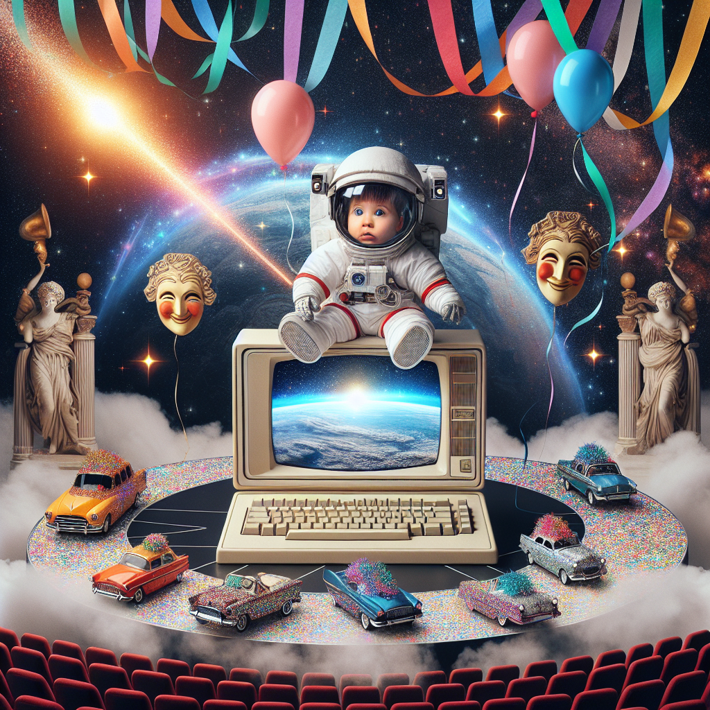 Generate a charming birthday-themed image capturing the concepts of space, computers, automobiles, and theatre in a jovial display. A adorable Caucasian astronaut perches on an old-school computer embellished with multihued streamers, hovering amongst a stellar background scattered with celestial bodies and glowing stars. Below, small-sized cars decked in confetti conduct a procession across the performance platform, accompanied by classical theatre masks and a focused beam of light, reveling in the amalgamation of digital technology, vehicular movement, and theatrical arts.
Generated with these themes: Space computers cars theatre .
Made with ❤️ by AI.