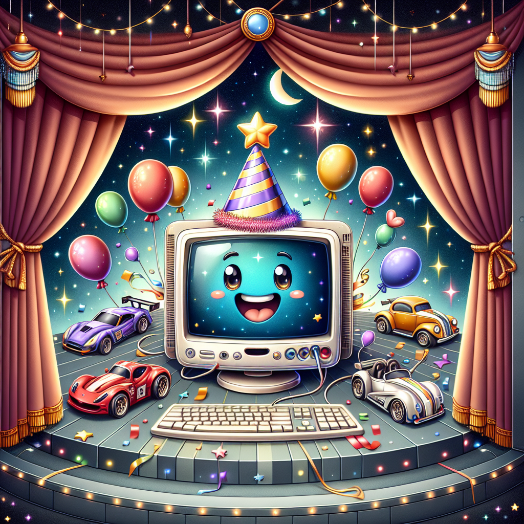 A delightful birthday-themed illustration that integrates elements from various themes in a harmonious and endearing way. At the center of the scene is a joyful computer adorned with a festive hat. It's surrounded by merry racing cars that each have balloons attached to their antennas, adding to the celebratory atmosphere. The backdrop provides a captivating space environment, complete with glistening stars and a crescent moon that graces the scene. On the sides, elegant theatrical curtains drape, implying that a joyous performance in tribute to the special occasion is taking place.
Generated with these themes: Space computers cars theatre .
Made with ❤️ by AI.