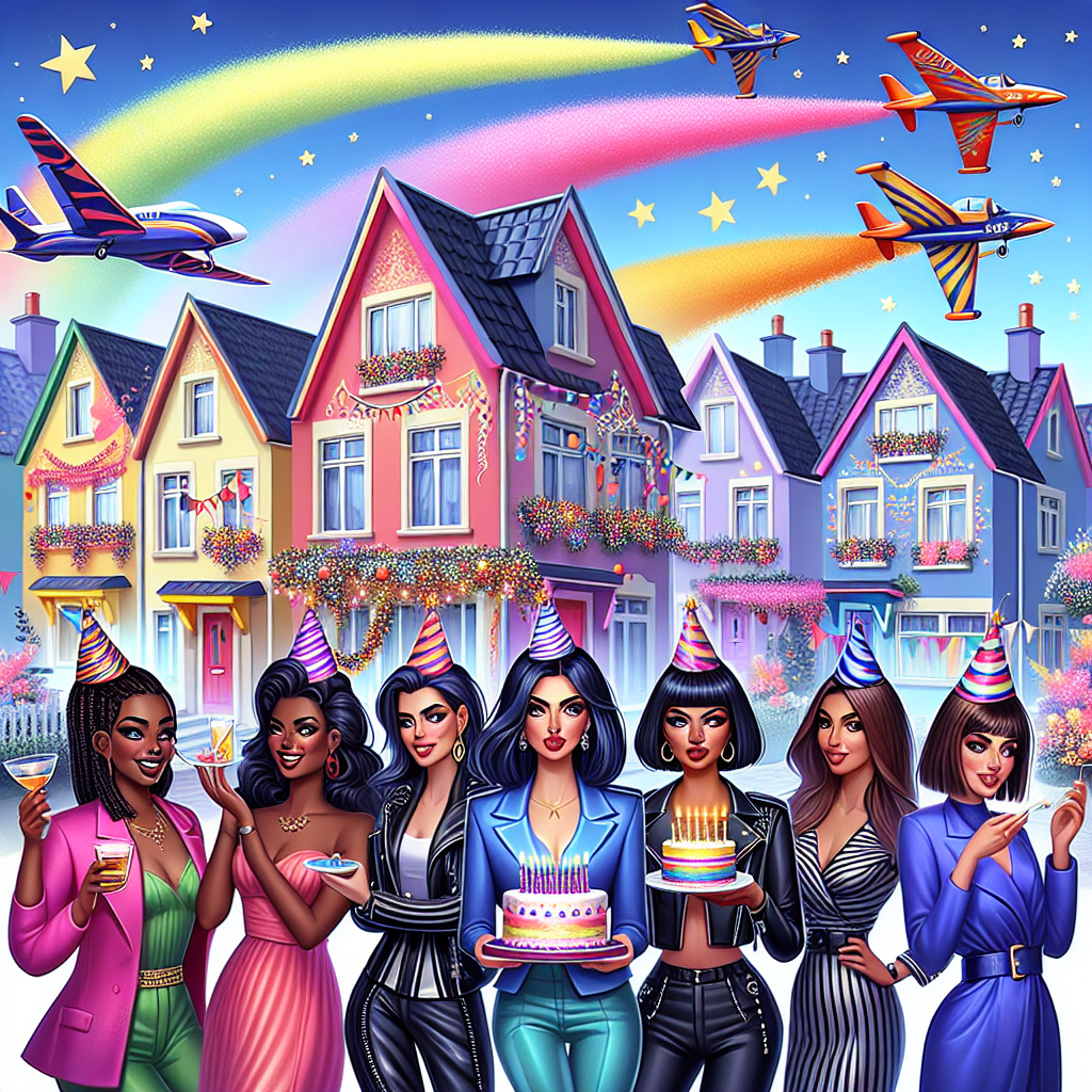 A charming birthday themed illustration displays an enchanting suburban street setting. The houses are impressively adorned with vivid, festive embellishments. A group of stylish female characters, reflecting diverse descents such as Black, Hispanic, South Asian, Middle-Eastern and Caucasian, takes center stage. Each woman, distinct in style and personality, holds a slice of birthday cake, their faces showing expressions of extreme joy and surprise. Above them, vibrant aeroplanes perform pleasing stunts, leaving behind trails of smoke in a color scheme reminiscent of the Eurovision logo, symbolizing a festivity that unites both the local community and international music lovers.
Generated with these themes: Desperate housewives, Eurovision, and Planes .
Made with ❤️ by AI.