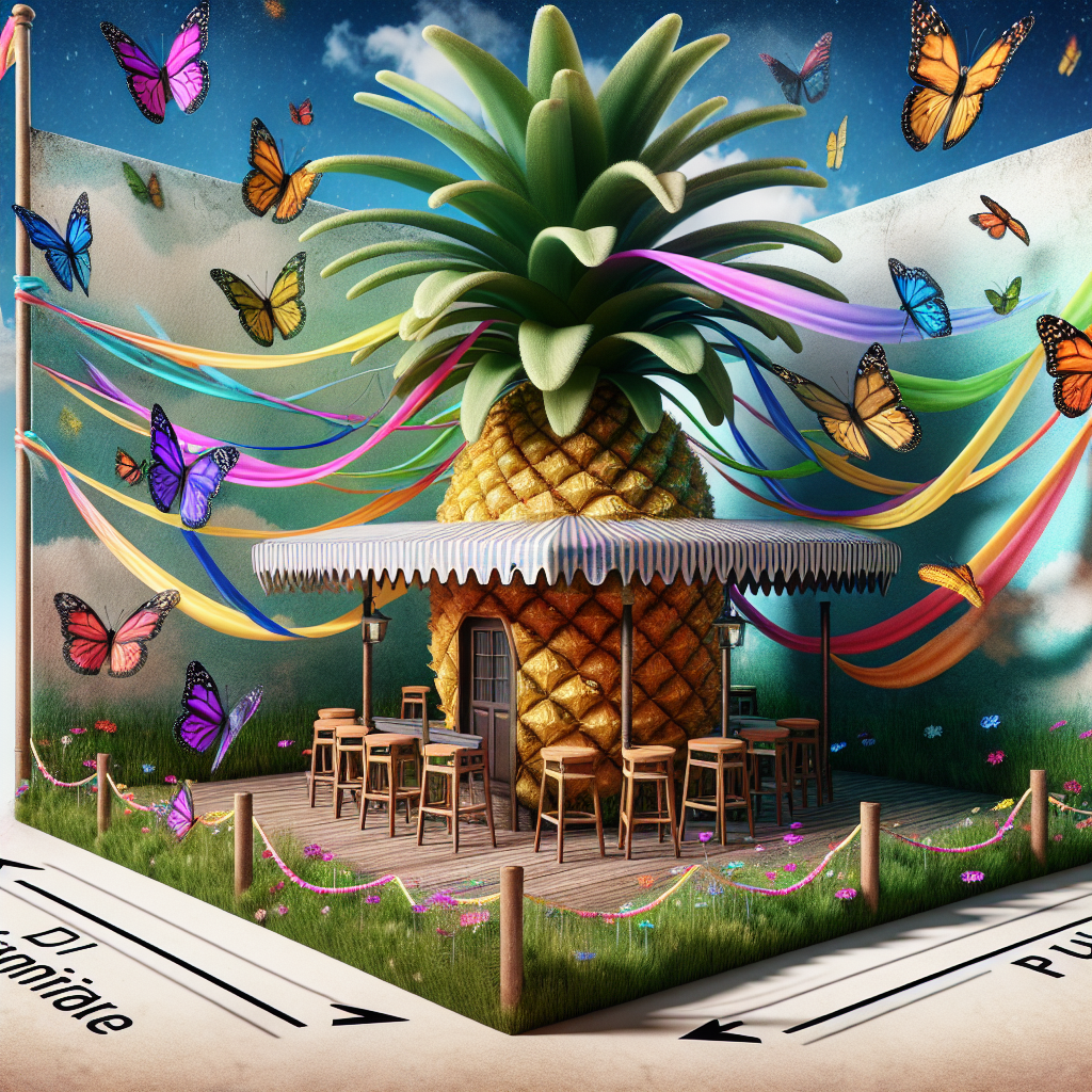 Imagine a whimsical illustration to represent a birthday celebration. The setting is unique with a tall palm tree, decorated with vibrant streamers, elegantly leaning over an unprecedented pineapple-shaped pub. The scenario is rendered more fascinating by the presence of magical butterflies, all around, casting their multicolored shadows on the pub walls. Driven by the resounding beats of other-dimensional music, the pub pulsates, adding an animated dimension to the image. The overall picture amalgamates the thrill of celebration with the serenity of nature, resulting in a festive yet tranquil atmosphere.
Generated with these themes: Pineapple, Palm tree, Pub, Butterfly, and Music.
Made with ❤️ by AI.