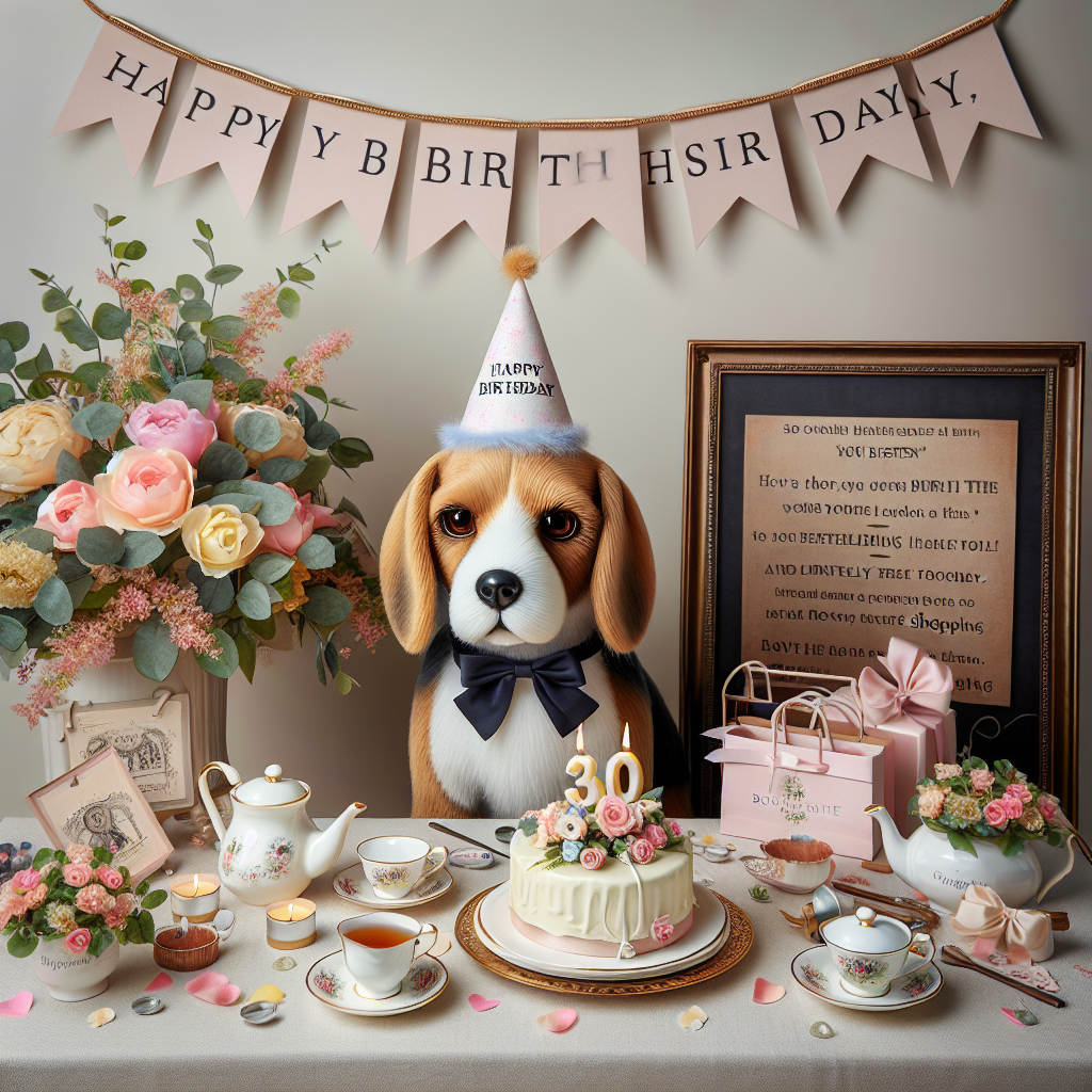 Picture a heartwarming birthday celebration. A realistic and life-sized Beagle wearing a birthday hat sits beside a delicate tea set arranged for two people. The table is garnished with exquisite floral displays and delicate confetti labelled '30th Birthday' is scattered around. A selection of boutique shopping bags is cleverly placed, indicative of a fulfilling day spent in shopping. A tasteful banner spelling out 'Happy Birthday, Sister' elegantly drapes in the background. Adding the finishing touch to this scene is a chalkboard bearing sweet messages celebrating the joy of teaching, symbolizing the nurturing role a sister plays.
Generated with these themes: 30th, Beagle , Tea, Sister , Shopping , and Teaching.
Made with ❤️ by AI.