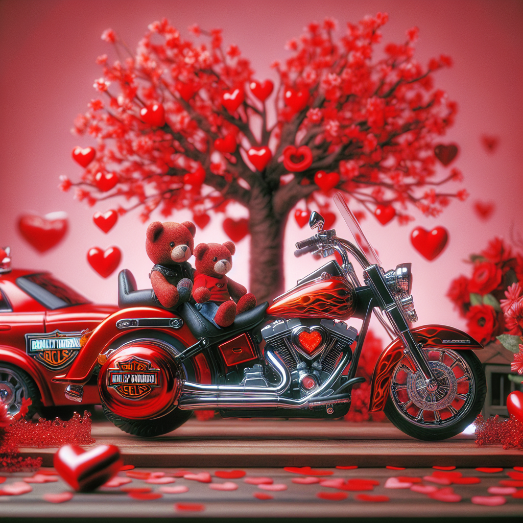  Red Harley Davidson Motor bike, and Registration V2 ODD, Tree red hearts, and Teddy bears riding Valentines-day Card