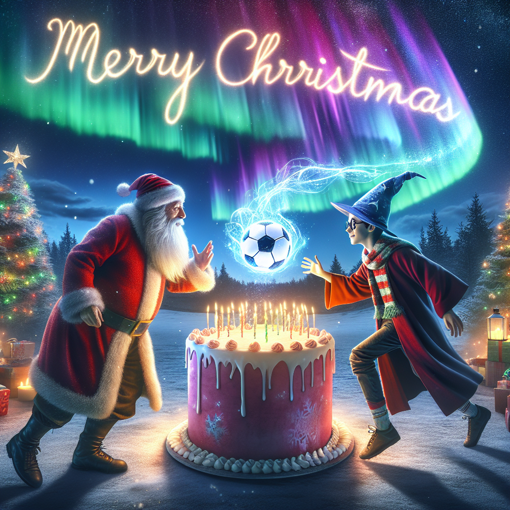 Set against a twilight sky aglow with Northern Lights, Santa and Harry Potter play an after-hours game of soccer, using a spell-entranced golden ball. A birthday feast, complete with a towering cake, sets the stage while 'Merry Christmas' script is etched into the aurora, bridging the wizarding world's charm and Christmas spirits.
Generated with these themes: Santa playing soccer with Harry Potter .
Made with ❤️ by AI.