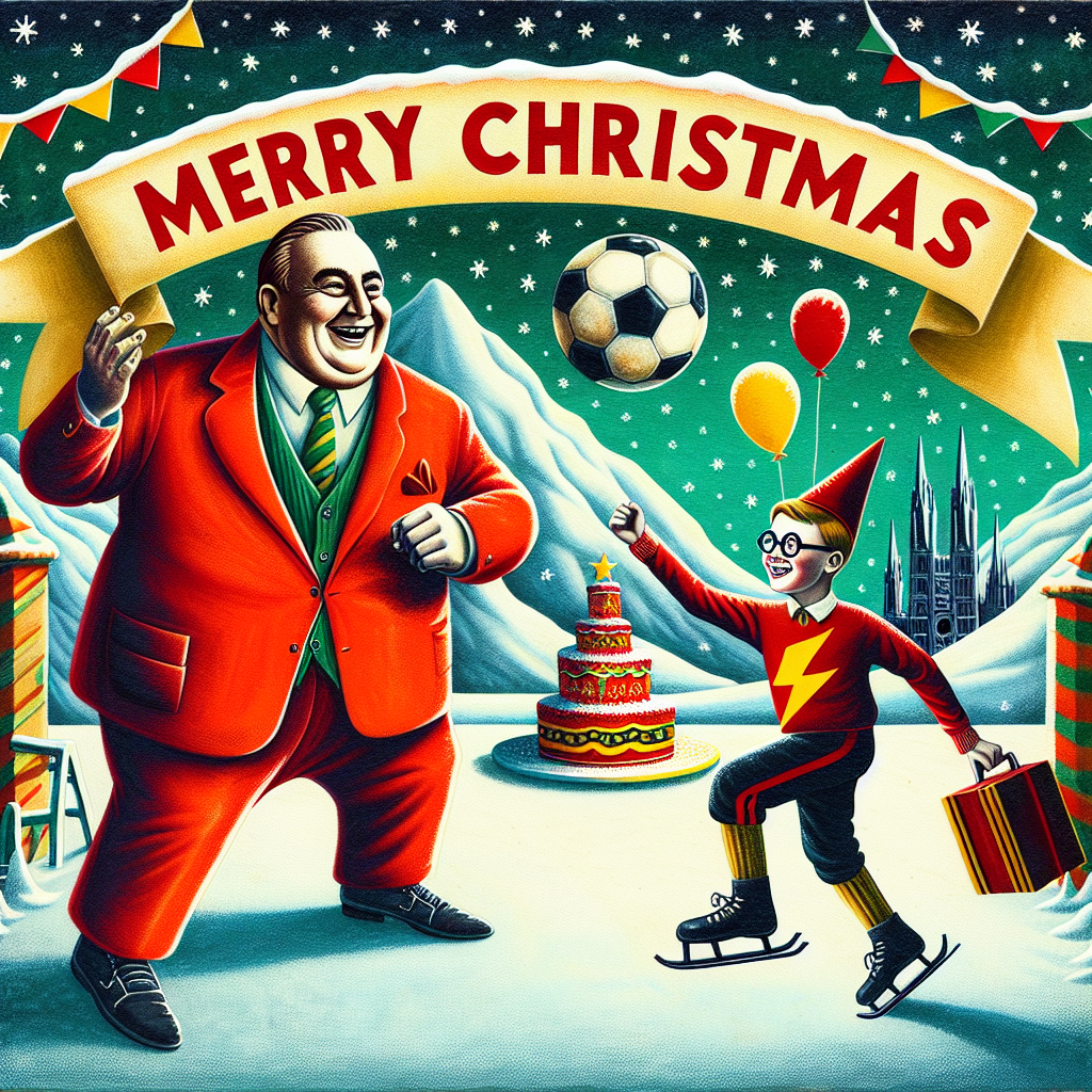 A whimsical illustration showcases a snowy scene where Santa Claus, in his signature red suit, is merrily playing soccer with a bespectacled Harry Potter. Amidst a festive backdrop of birthday balloons and a cake, the text 'Merry Christmas' arches above in cheerful, bold lettering, tying the unique holiday and birthday celebration together.
Generated with these themes: Santa playing soccer with Harry Potter .
Made with ❤️ by AI.
