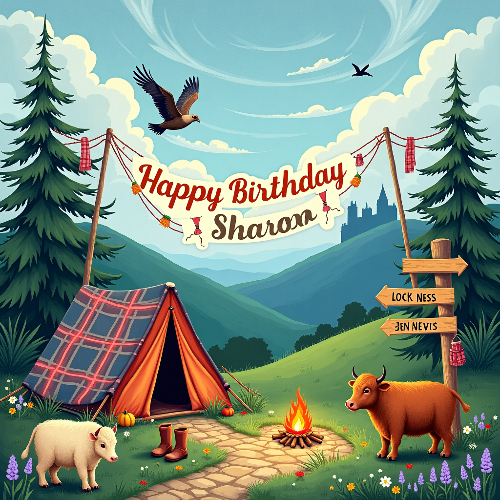 In the foreground of this charming birthday greeting card, a quaint tent sits nestled among the rolling hills of the Scottish Highlands, its fabric a lively tartan pattern in greens and blues that whisper of the lush landscape. Around the tent, a meandering path made of cobblestones winds its way through patches of heather and wildflowers, their petals in hues of lavender, yellow, and white. On either side of the path, shaggy Highland cows graze lazily, their woolly coats the color of toffee and cream, adding a touch of whimsy to the scene.

A short distance away, a cozy campfire crackles warmly, casting a gentle glow against the twilight sky. A vintage-style kettle hangs over the fire, steaming merrily as it brews a comforting cup of Scottish breakfast tea. Nearby, a wooden signpost adorned with plaid scarves and hiking boots points toward scenic landmarks, such as "Loch Ness" and "Ben Nevis."

In the middle of the scene, a banner tied between two stout Scots pines flutters in the gentle breeze. In colorful, playful letters, it reads "Happy Birthday, Sharon!" The letters seem to dance with joy as the wind rustles through the branches, their leaves painted in autumnal tones of red and gold.

High above, the sky is a masterpiece of swirling clouds, reminiscent of Arthur Rackham’s ethereal artwork, and nestled within them is a subtle outline of Sharon’s name, as if written by the soft fingers of the Scottish breeze. A lone osprey soars gracefully overhead, its wings slicing through the cerulean expanse.

Finally, the distant silhouette of a castle perched atop a misty hill hints at the stories of old, evoking the timeless magic of Scotland, and inviting Sharon to embark on her own enchanting adventure on this special day.
Generated with these themes: Scotland hiking tent.
Made with ❤️ by AI.