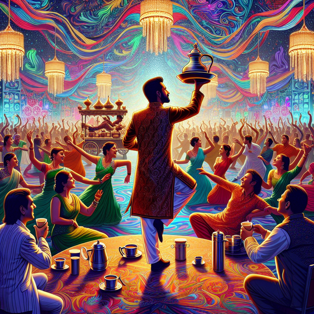 Imagine a lively room pulsating with the rhythm of Bollywood music. The backdrop is electric, filled with vibrant, surreal birthday decorations. An array of guests are moving in a coordinated dance, their silhouettes casting intricately woven shadows along the room's walls. The air is filled with a harmonious blend of singing voices and the enticing, spicy aroma of Indian food. In a captivating twist, a male Chaii Wala of Middle-Eastern descent, dressed in a traditional kurta, elegantly maneuvers through the crowd, kindly offering steaming cups of chai from a fantastically ornate tea cart.
Generated with these themes: Bollywood Dancing, Music, Singing, Indian Food, and Chaii Wala.
Made with ❤️ by AI.